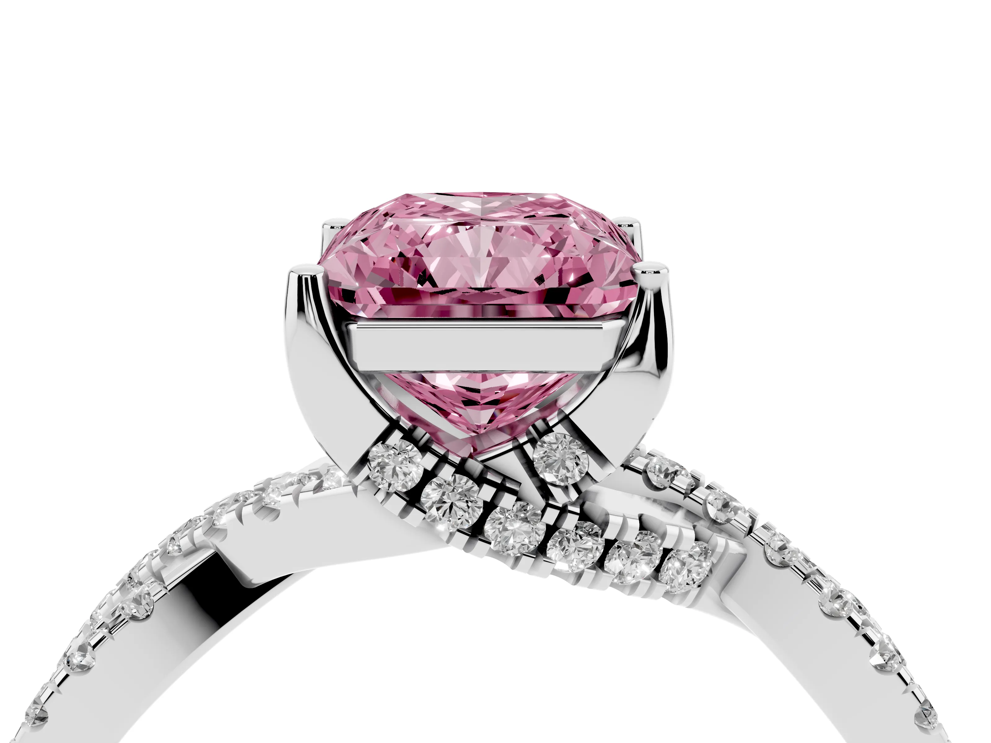 Fancy Pink Radiant Cut Diamond Twist Pavé Solitaire Engagement Ring Set in Silver with Prong Setting