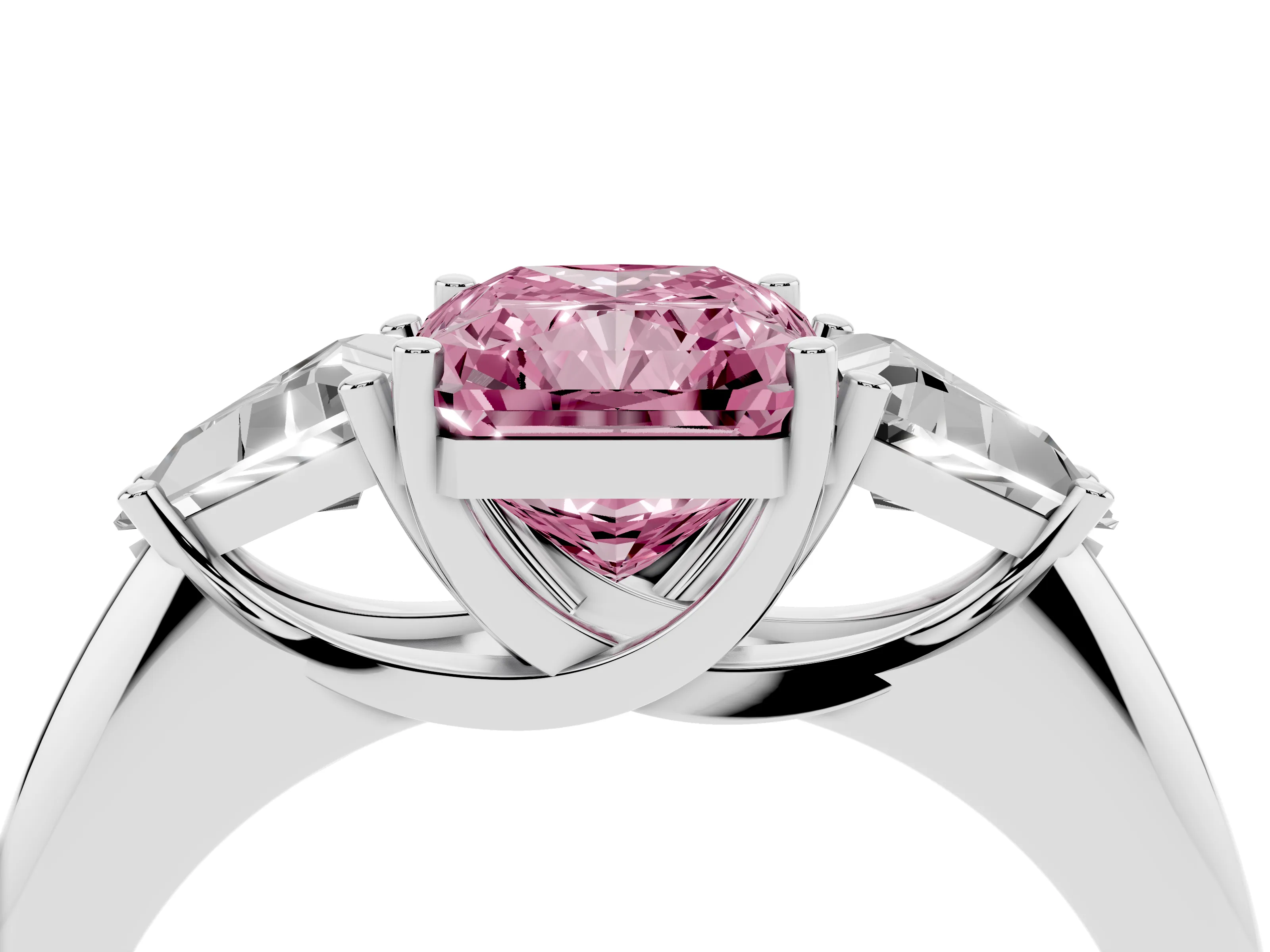Fancy Pink Radiant Cut Diamond Three-Stone Engagement Ring Set in Platinum with Trillion Side Stones