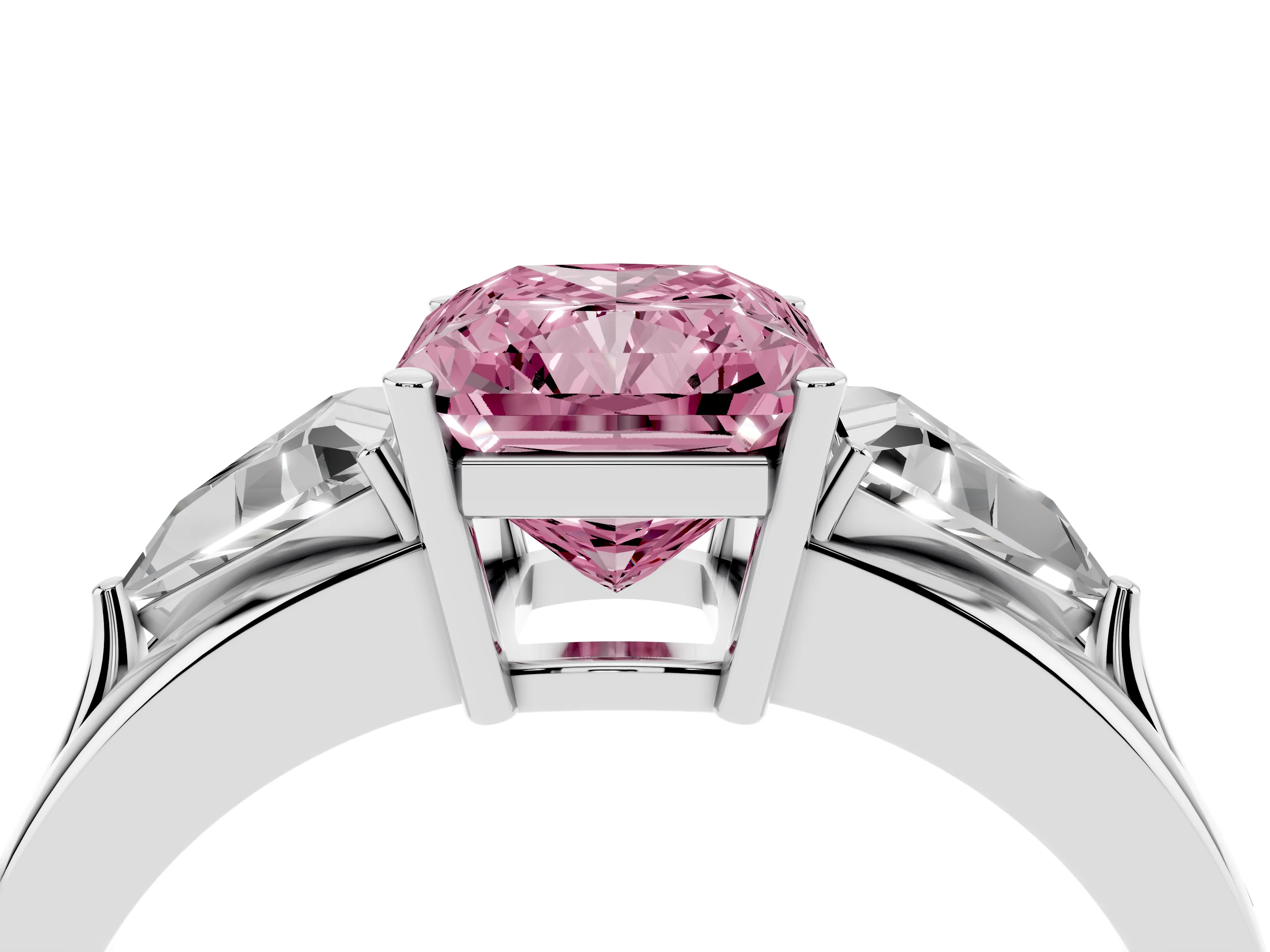 Fancy Pink Radiant Cut Diamond Three-Stone Ring Set in Silver with Trillion Side Stones and Split Shank