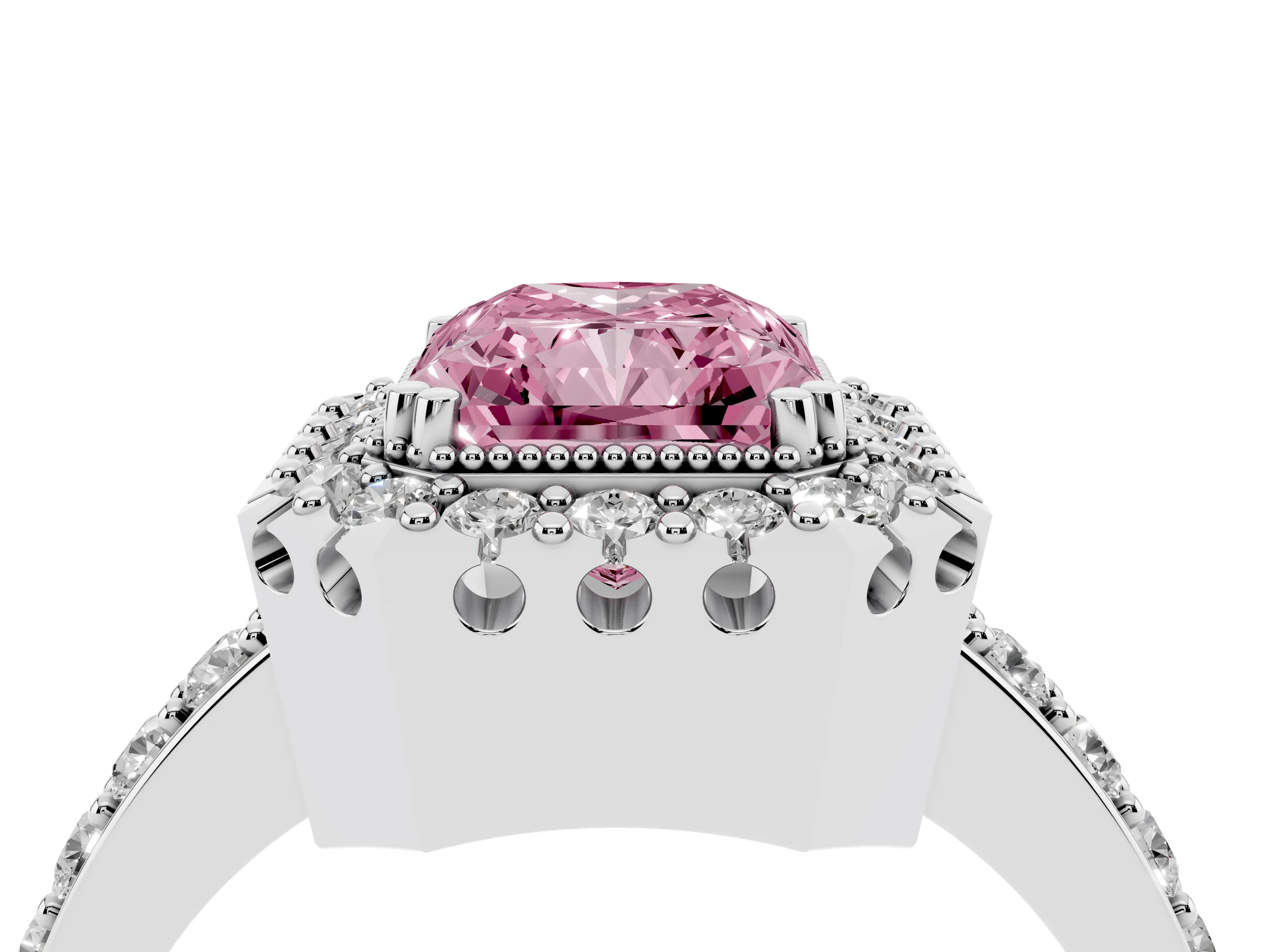 Fancy Pink Radiant Cut Diamond Halo Ring Set in White gold with Pavé Shank and Prong Setting