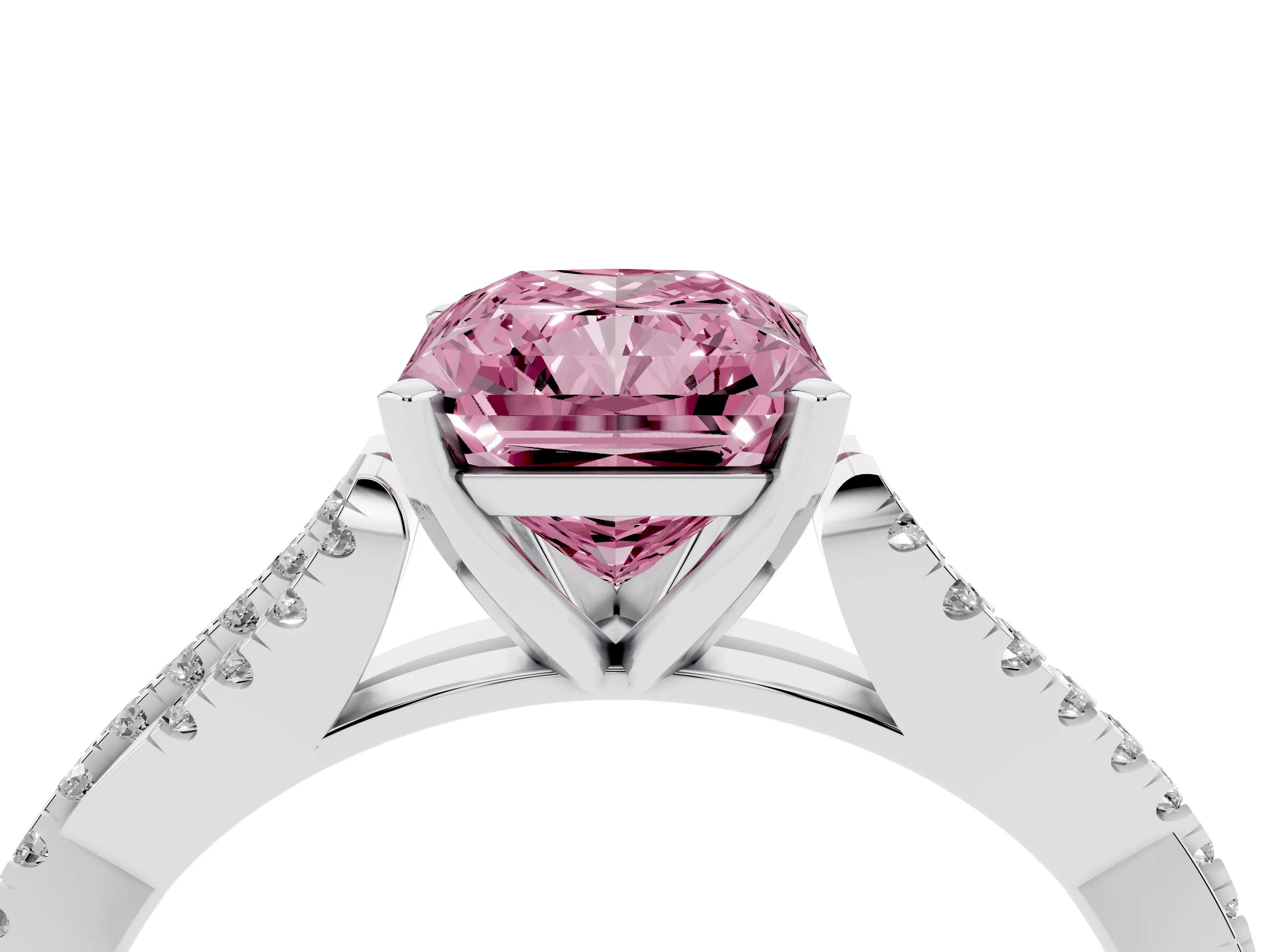 Fancy Pink Radiant Cut Diamond Solitaire Engagement Ring Set in Platinum with Twisted Pavé Band and Prong Setting