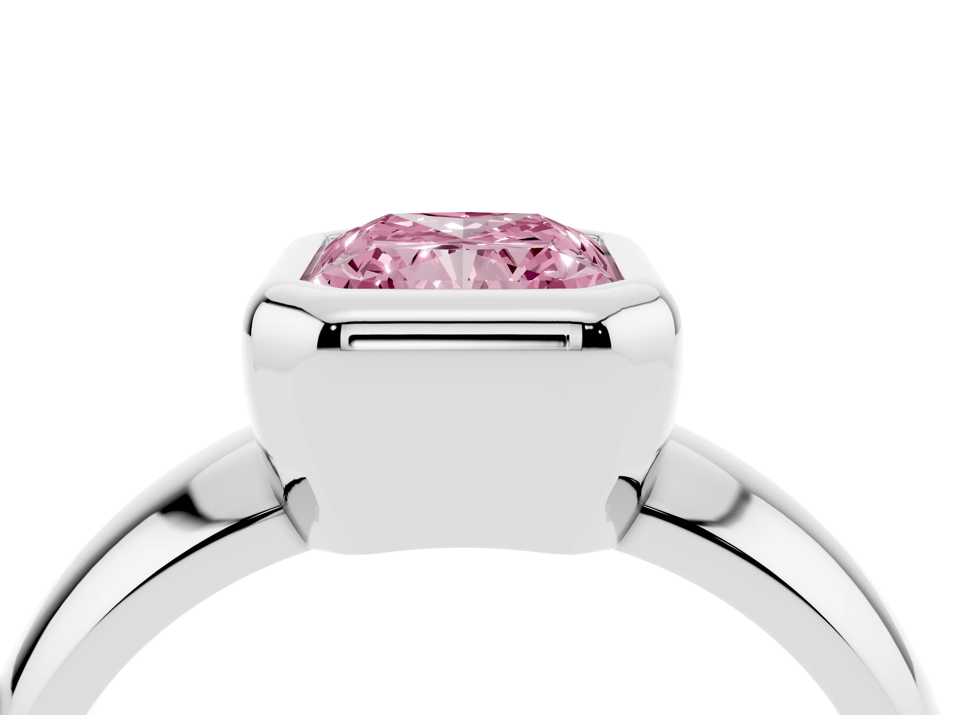 Fancy Pink Bezel Set Radiant Cut Diamond Solitaire Ring Set in Silver with Wide Band