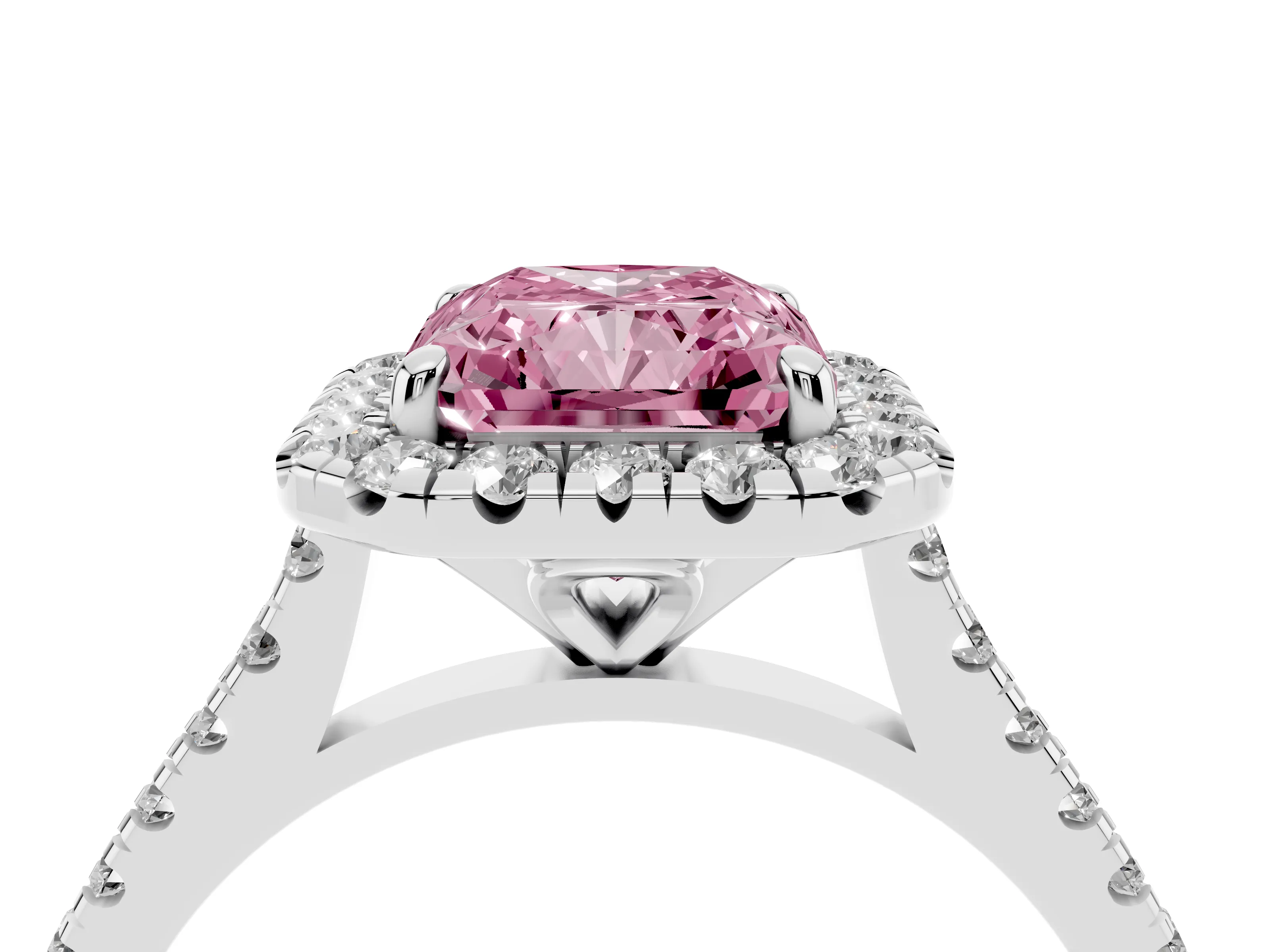 Fancy Pink Radiant Cut Diamond Cushion Halo Ring Set in Silver with Pavé Band