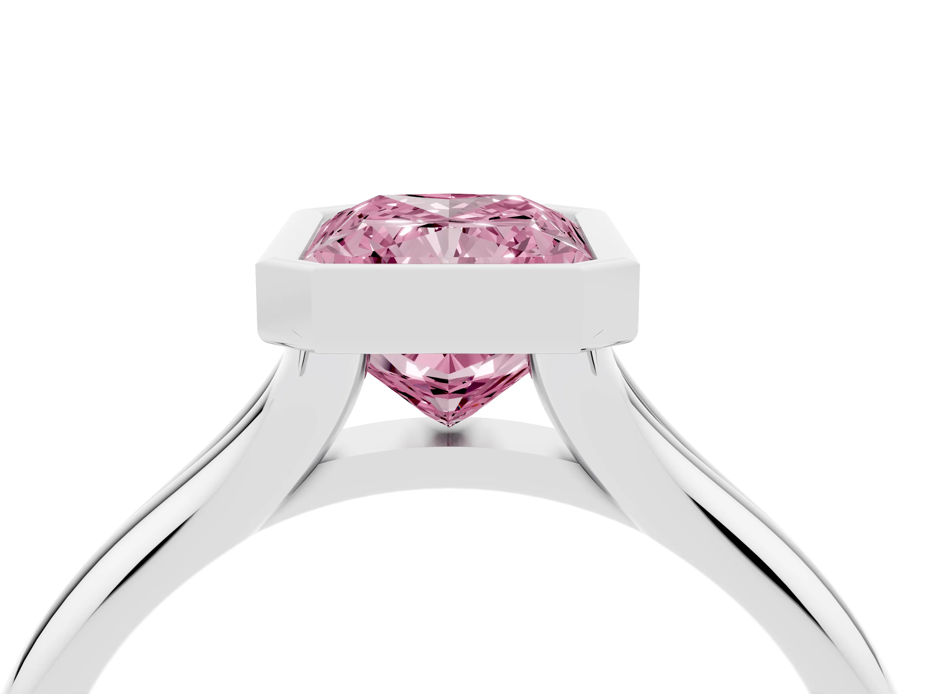 Fancy Pink Bezel Set Radiant Cut Diamond Solitaire Ring Set in Platinum with Smooth Band