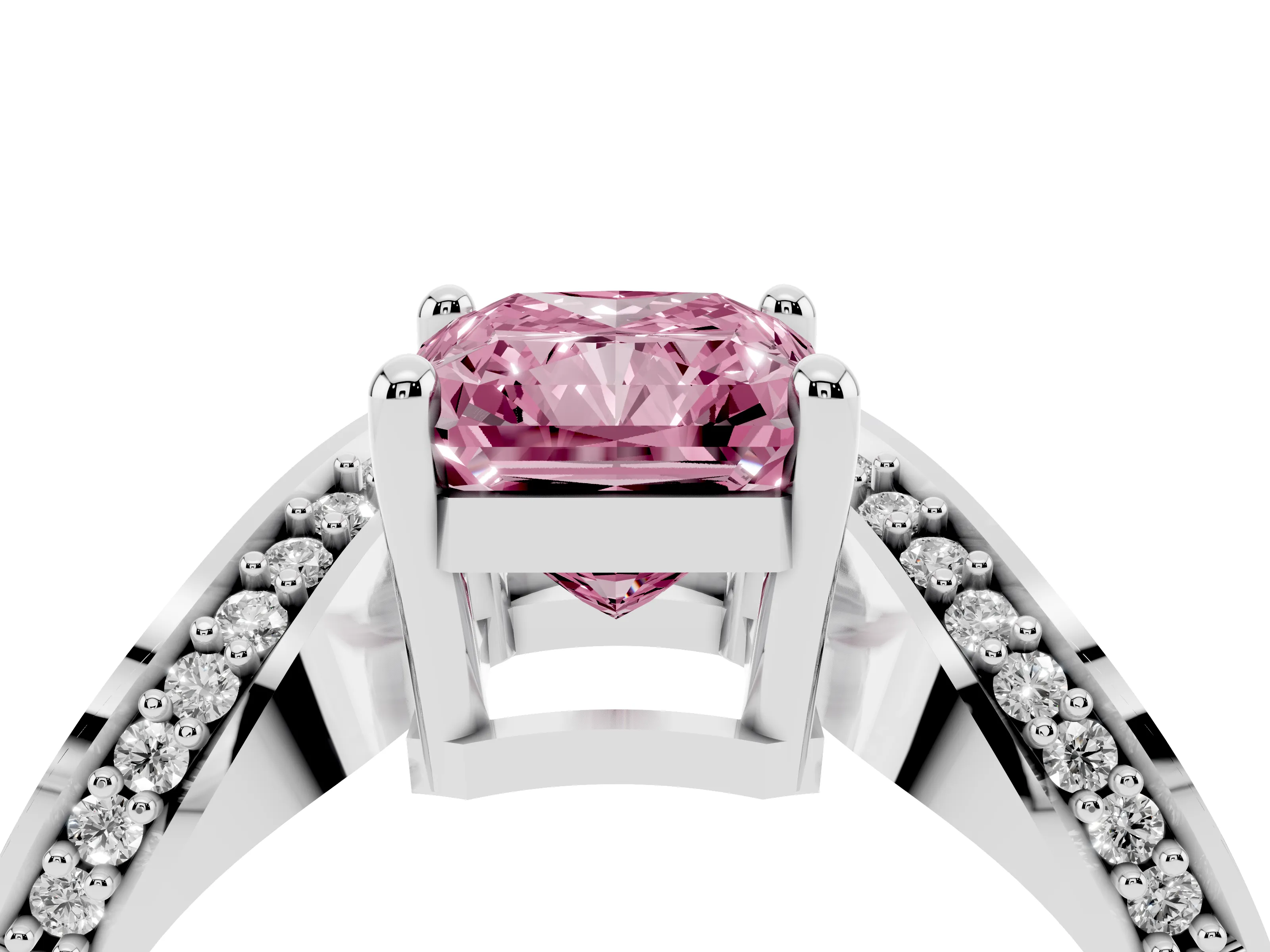 Fancy Pink Radiant Cut Diamond Solitaire Engagement Ring Set in Silver with Pavé Shoulders