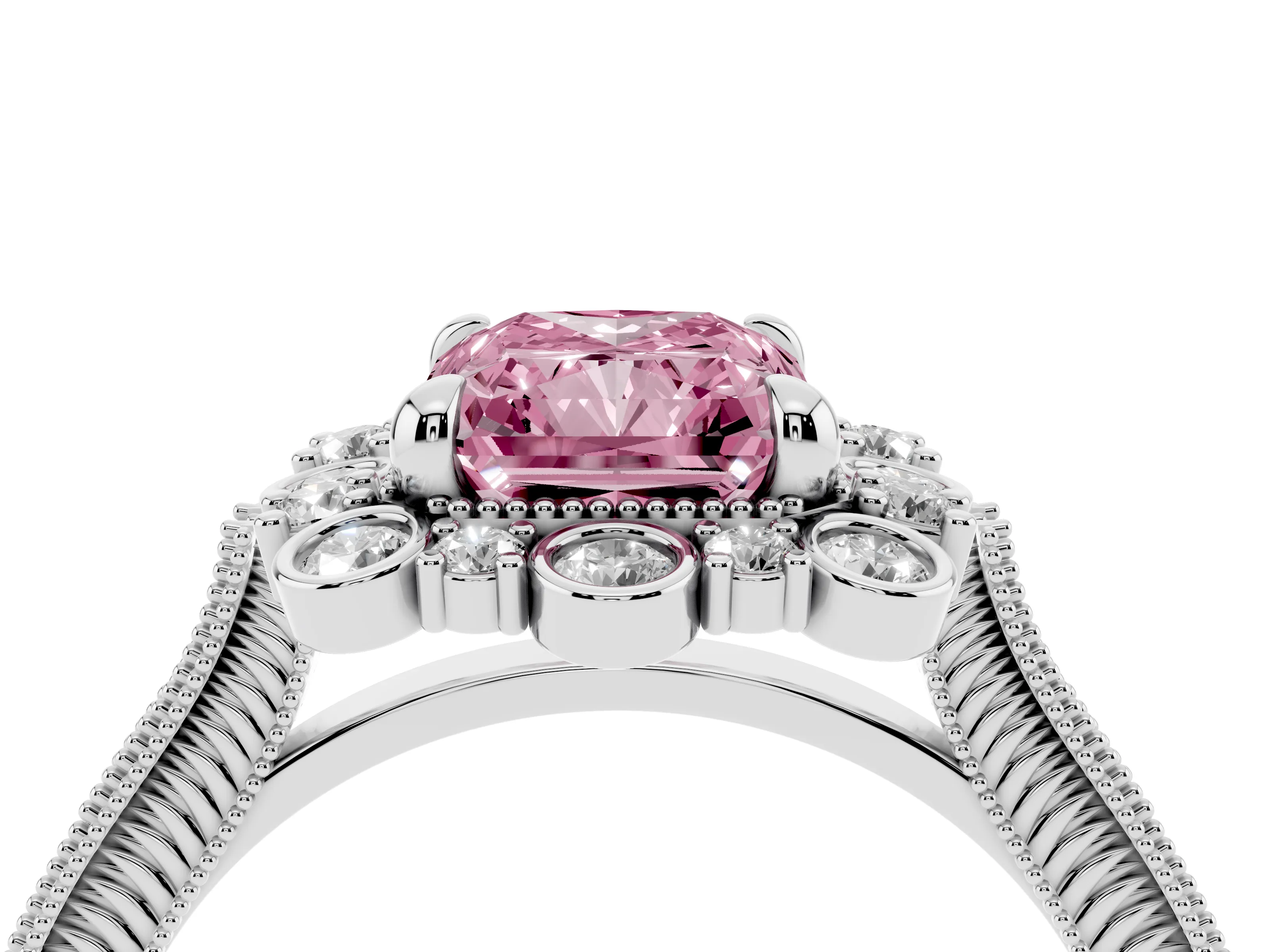 Fancy Pink Radiant Cut Diamond Halo Milgrain Pavé Ring Set in Platinum with Prong Setting
