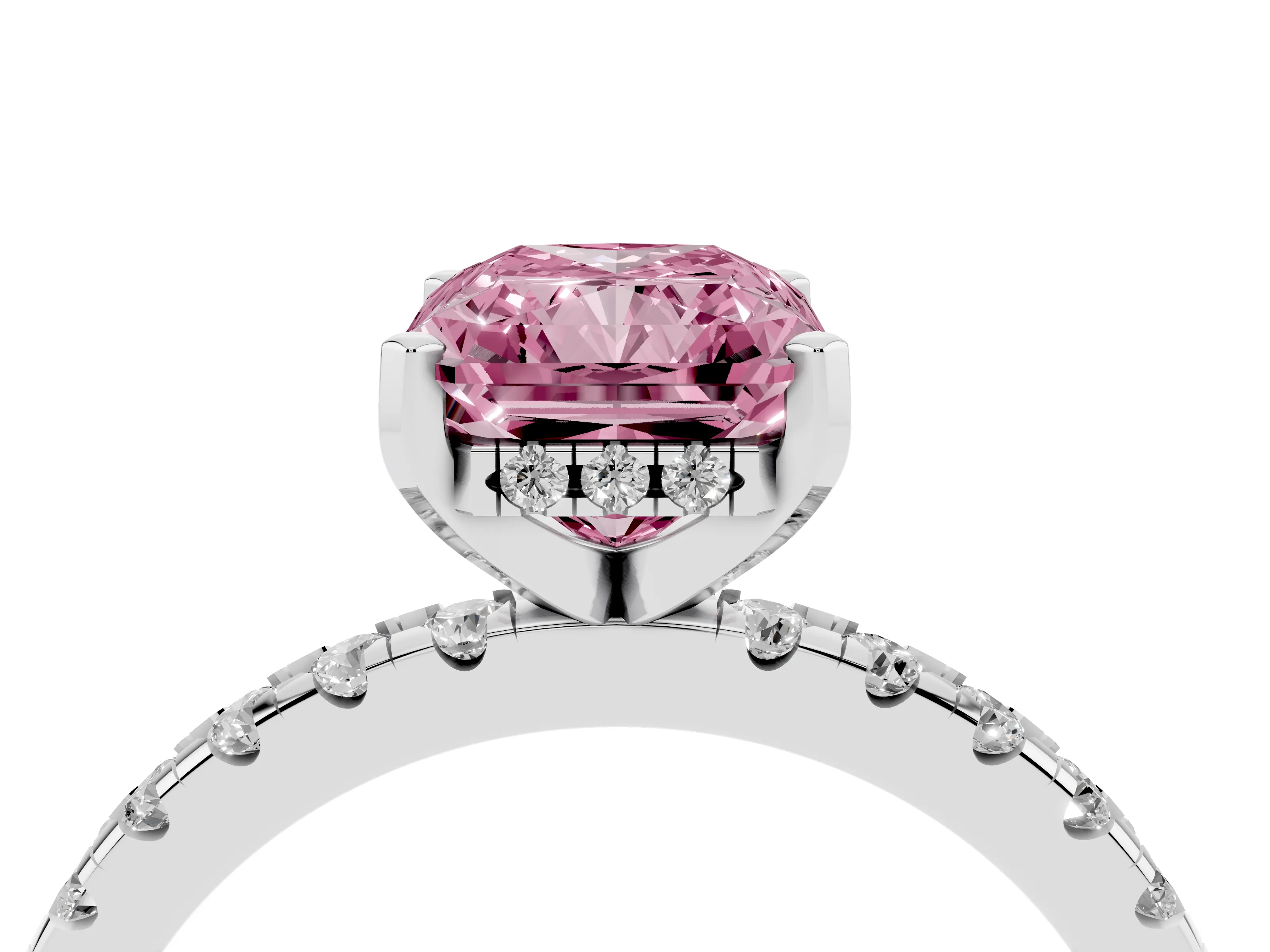 Fancy Pink Radiant Cut Diamond Pavé Solitaire Ring Set in White gold with Round Band Accents and Prong Setting