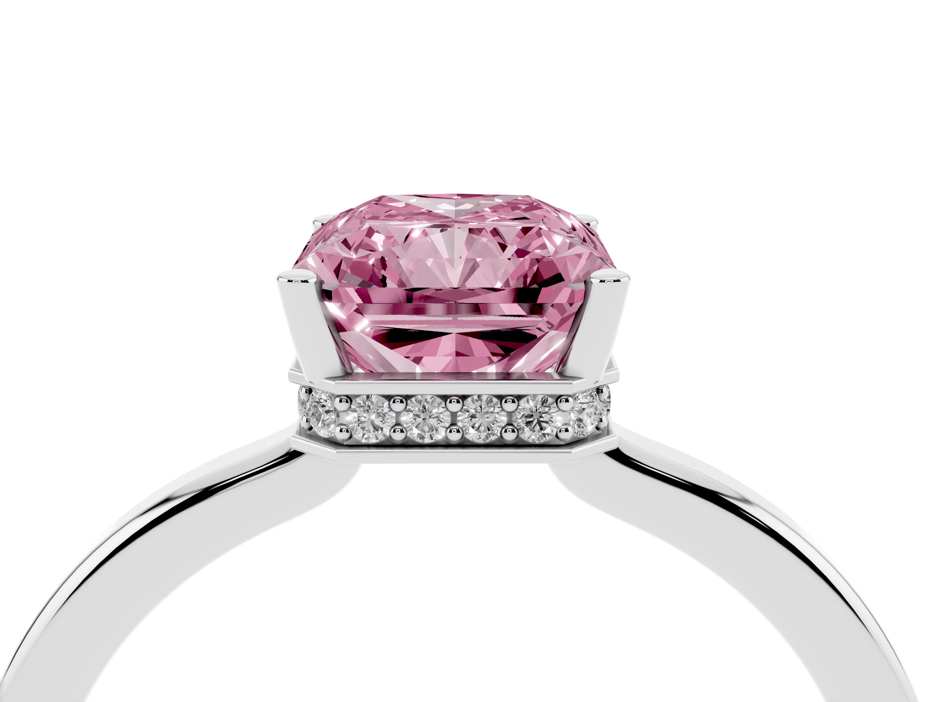 Fancy Pink Radiant Cut Diamond Solitaire Engagement Ring Set in White gold with Prong Setting on a Plain Band