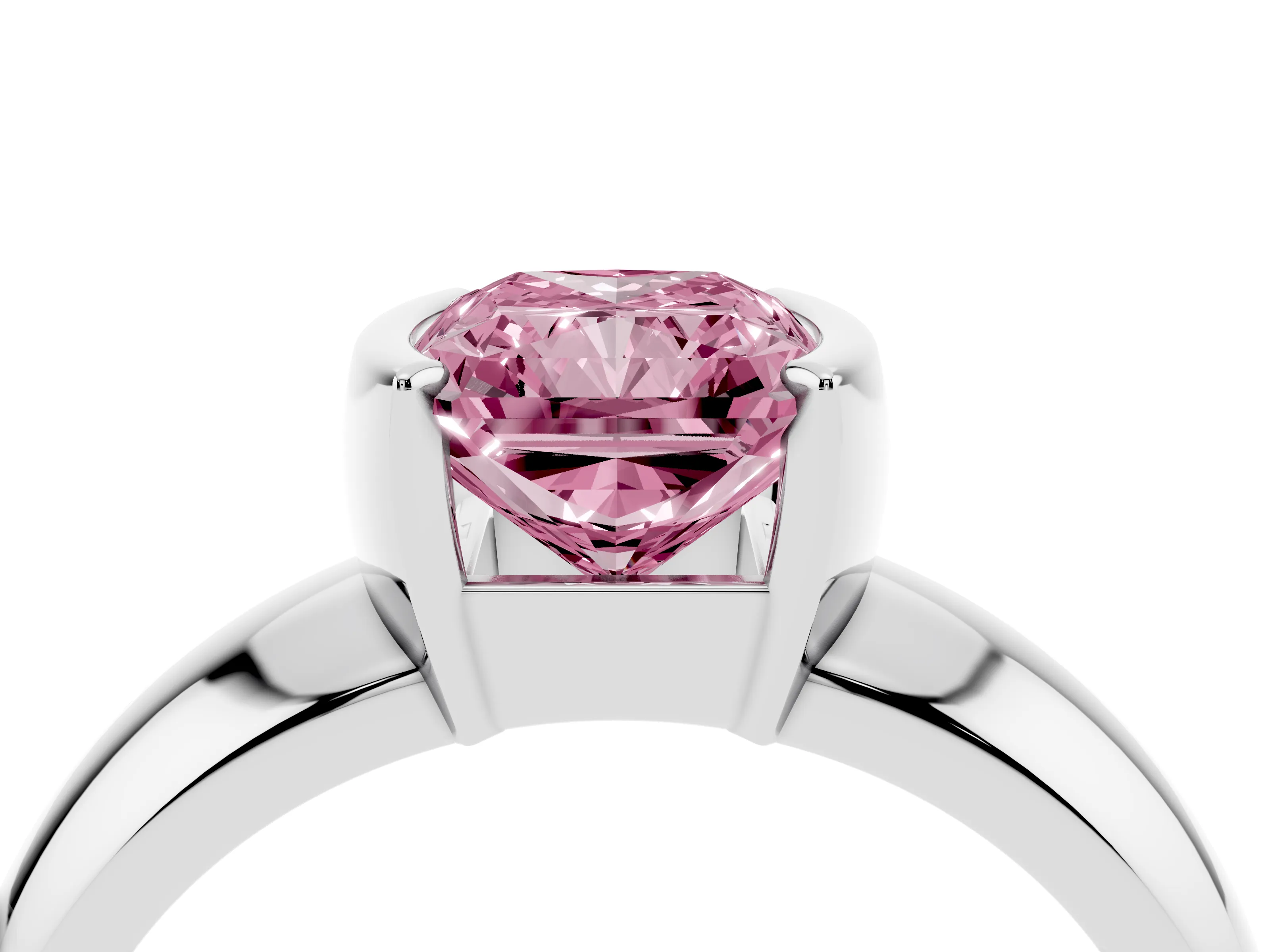 Fancy Pink Radiant Cut Diamond Solitaire Tension Set Ring Set in White gold with Wide Band