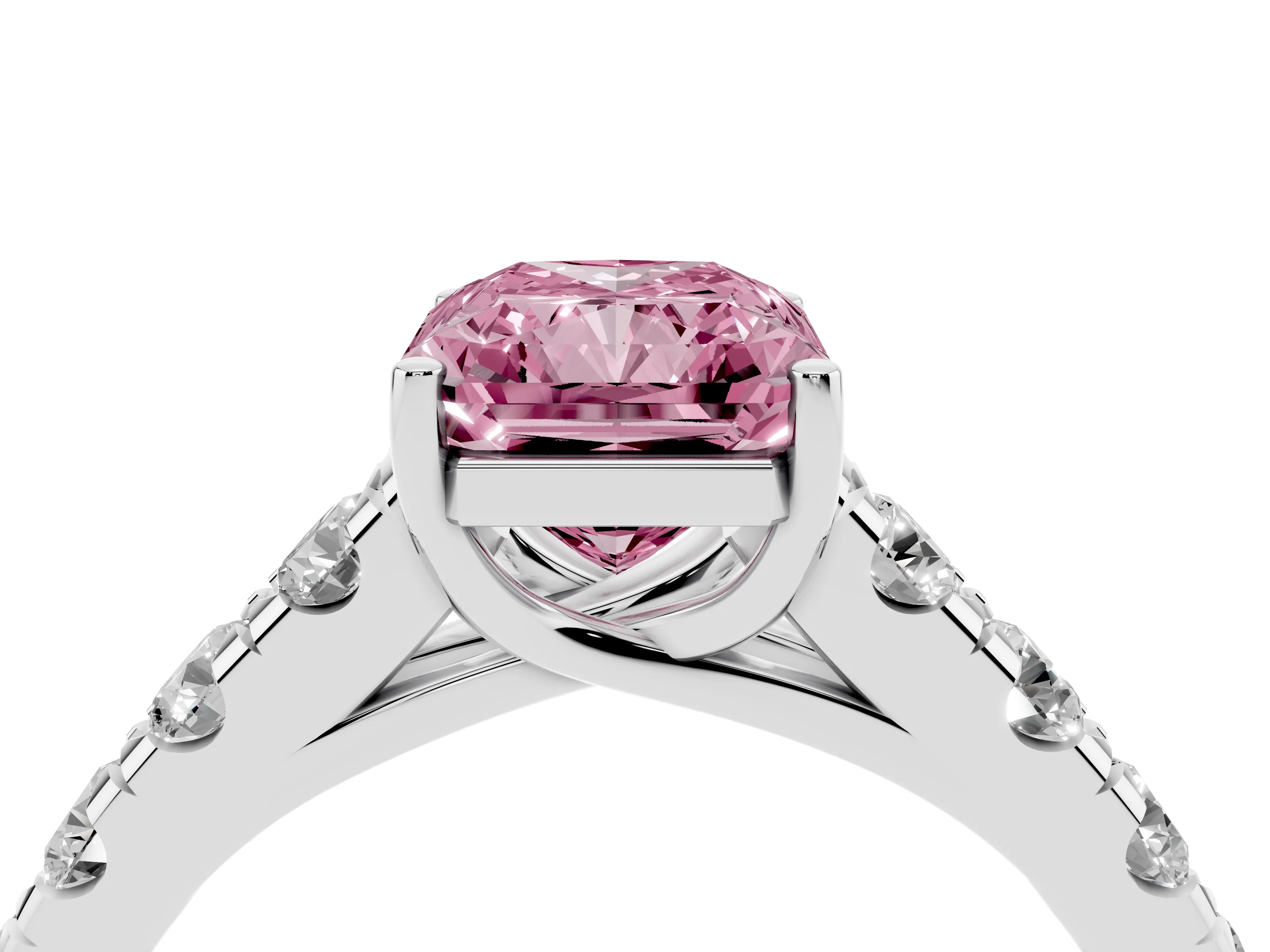 Fancy Pink Radiant Cut Diamond Solitaire Ring Set in Platinum with Cut-Down Micro Pavé Band and Prong Setting