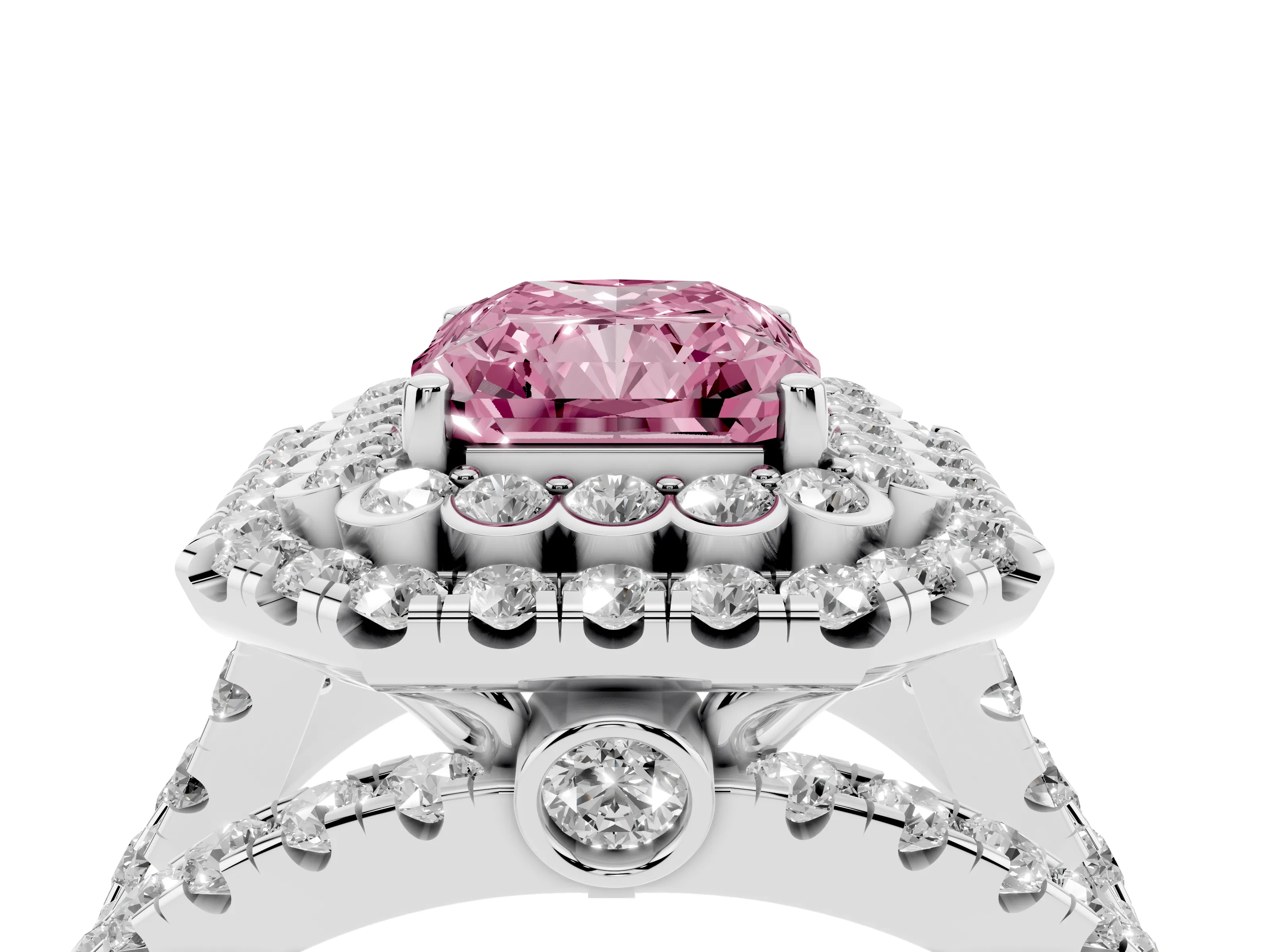 Fancy Pink Radiant Cut Diamond Double Halo Ring Set in White gold with Round Pavé Split Shank