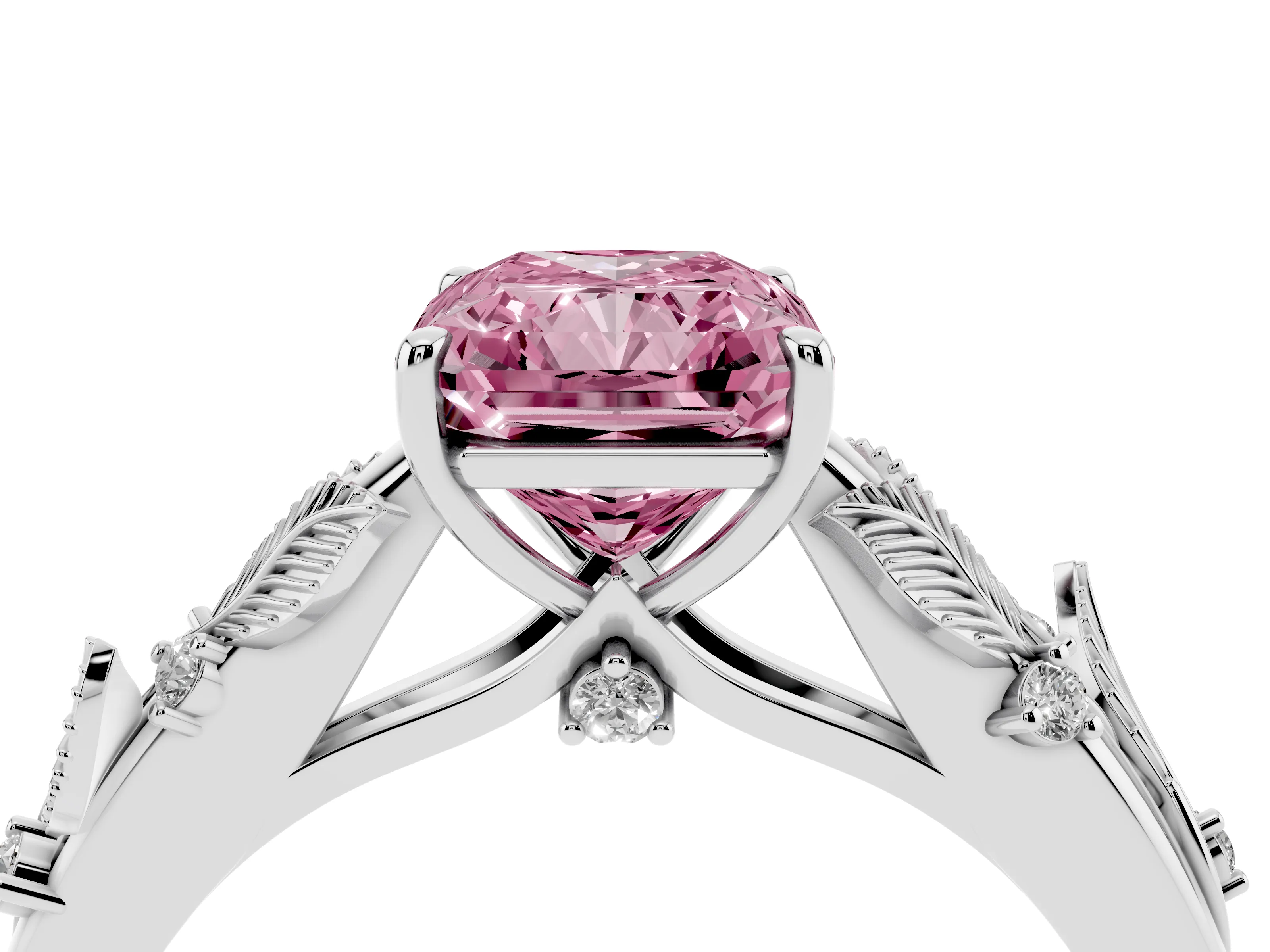 Fancy Pink Radiant Cut Diamond Solitaire Ring Set in White gold with Leaf Motif Band