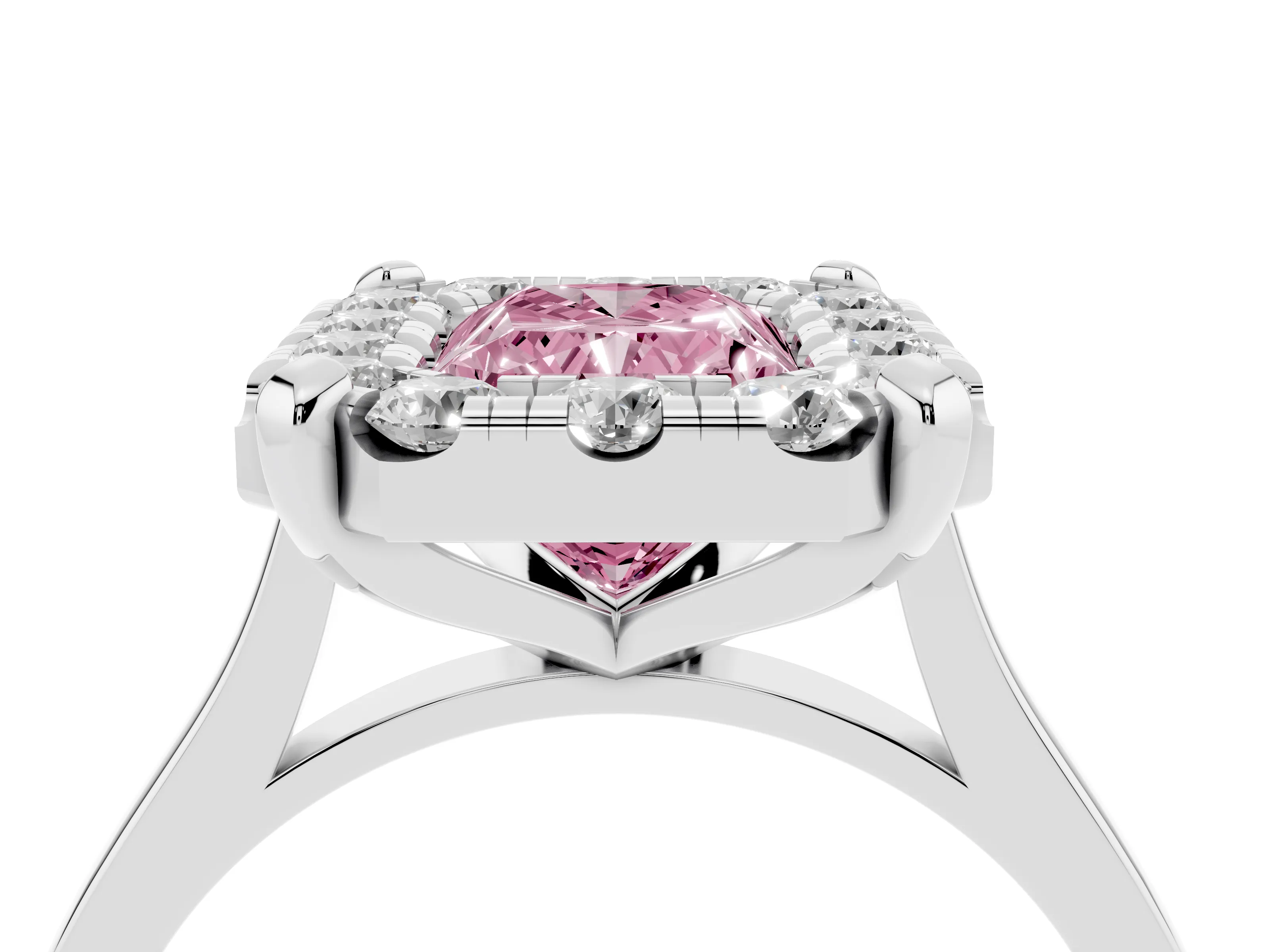 Fancy Pink Radiant Cut Diamond Cluster Halo Solitaire Ring Set in Silver with Prong Setting