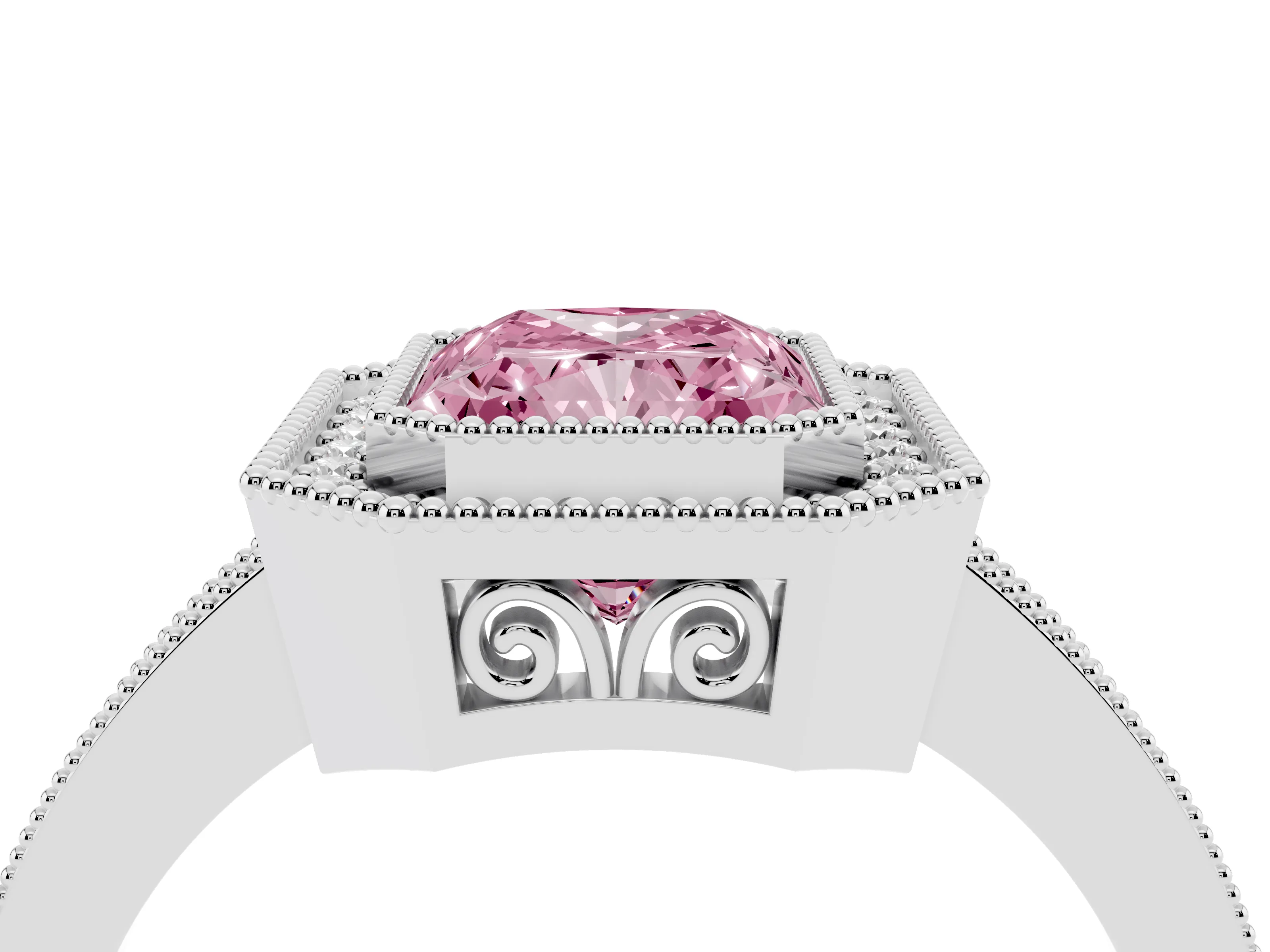Fancy Pink Radiant Cut Diamond Halo Ring Set in White gold with Pavé Band and Milgrain-Edged Prongs