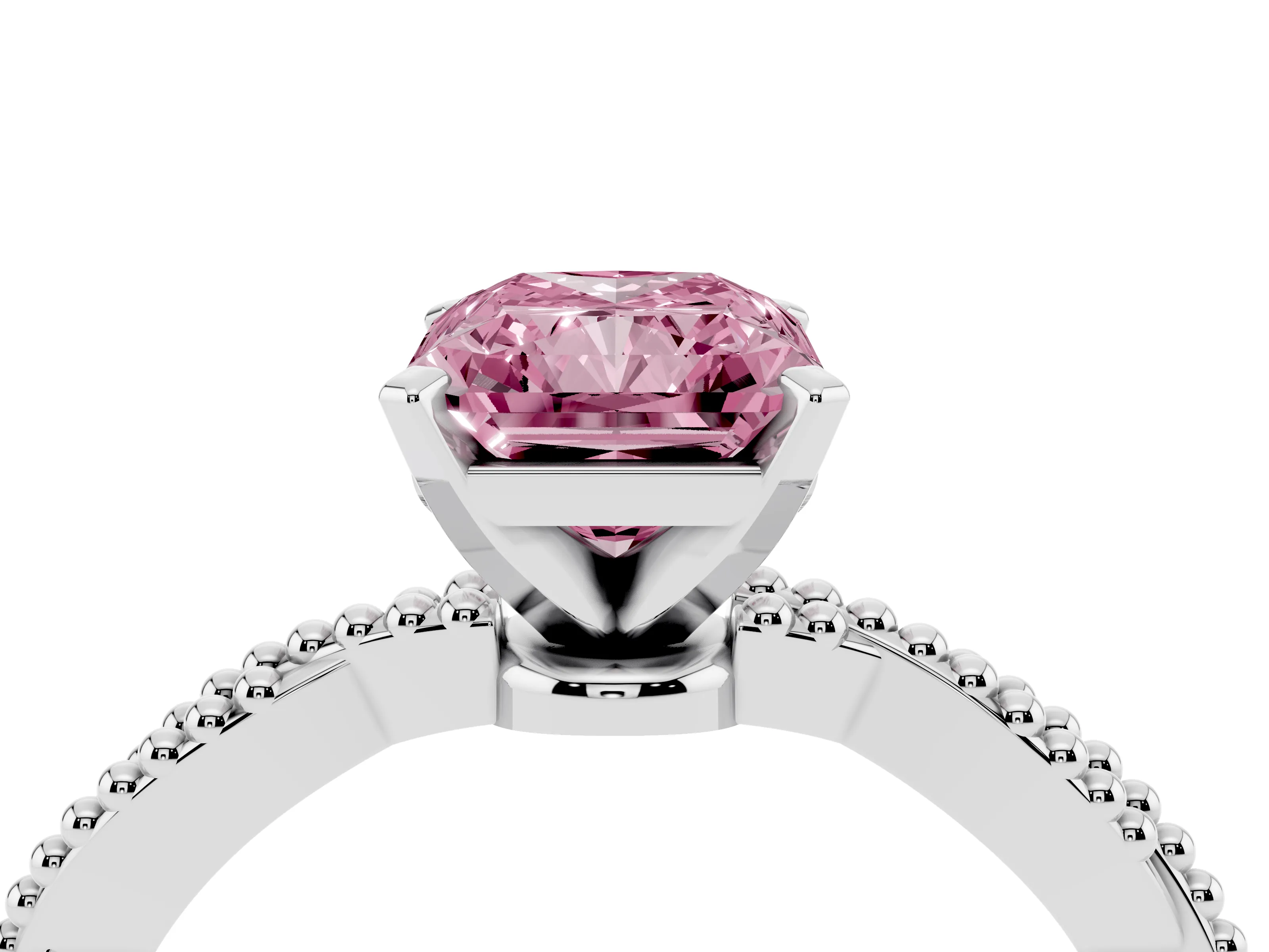 Fancy Pink Radiant Cut Diamond Solitaire Ring Set in Platinum with Twisted Band and Bead Prong Setting