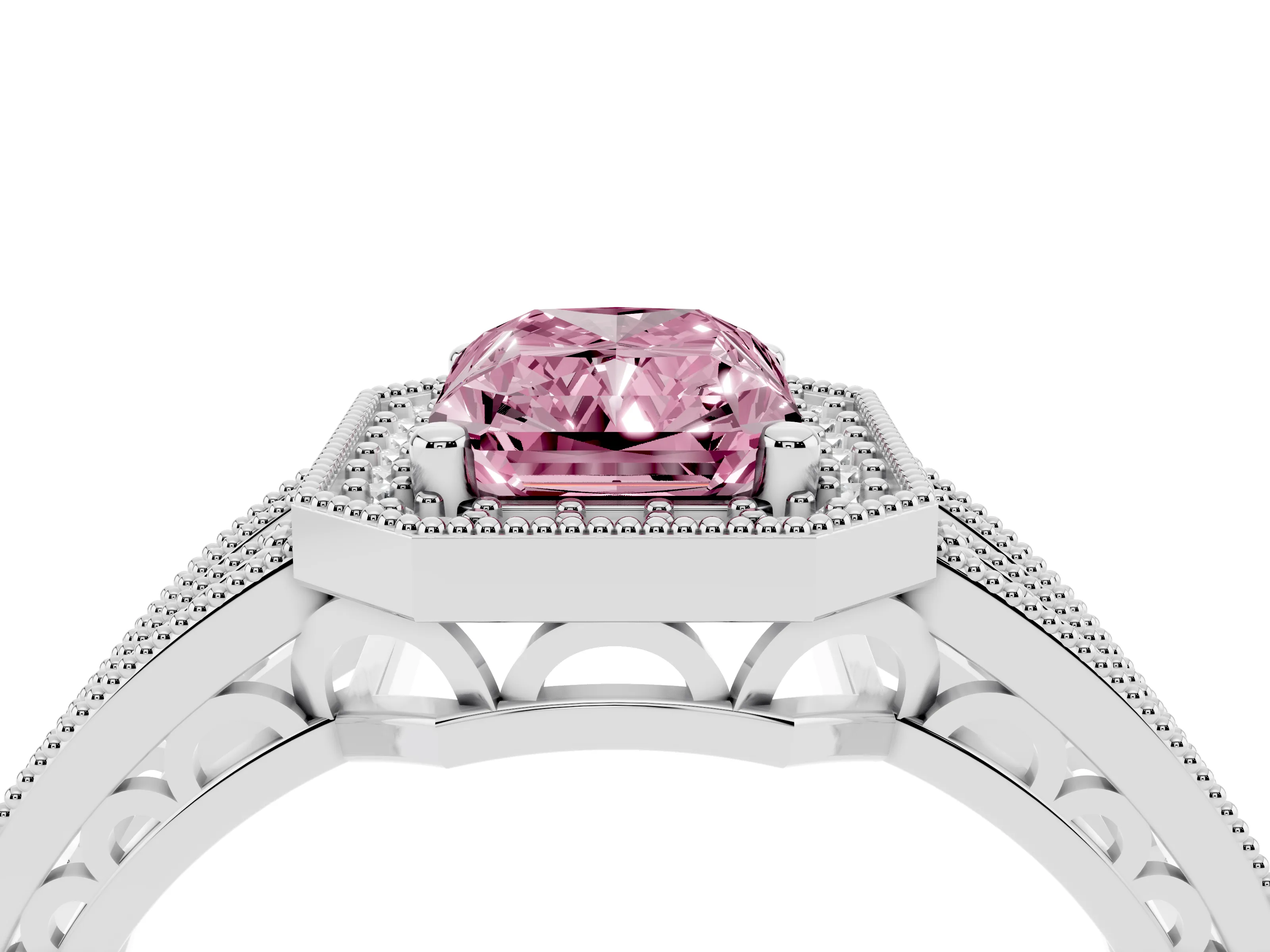 Fancy Pink Radiant Cut Diamond Halo Ring Set in Platinum with Accent Split Shank and Prong Setting