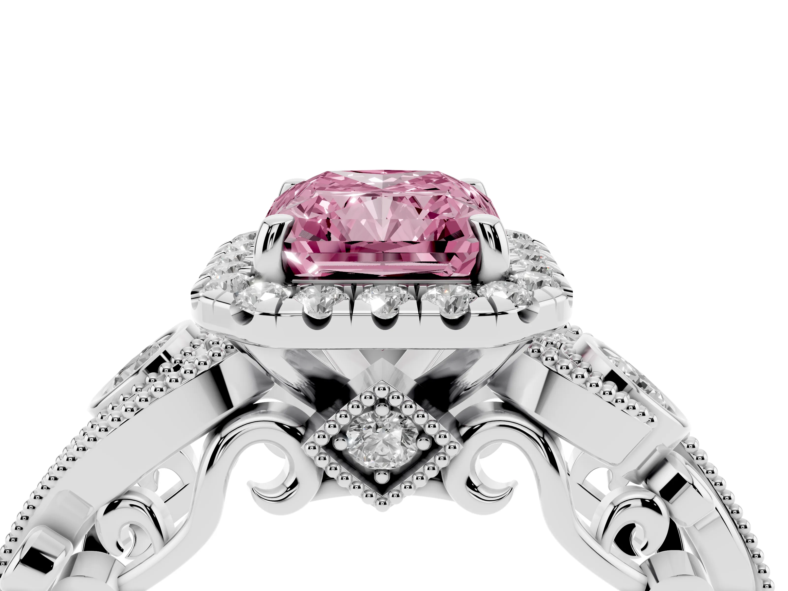 Fancy Pink Radiant Cut Diamond Halo Ring Set in Platinum with Milgrain Pavé Band and Prong Setting