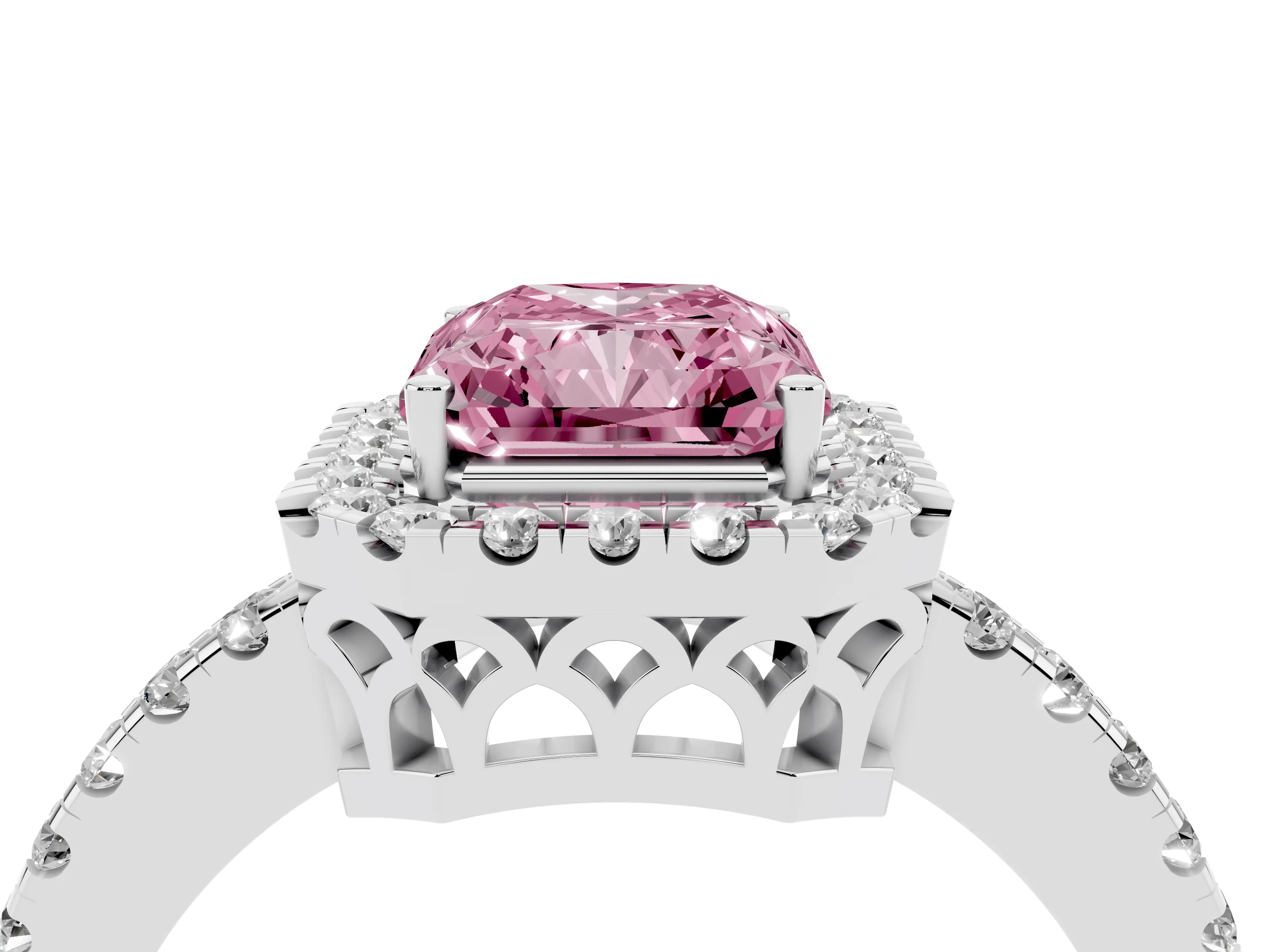 Fancy Pink Radiant Cut Diamond Pavé Band Halo Engagement Ring Set in Platinum with Prong Setting