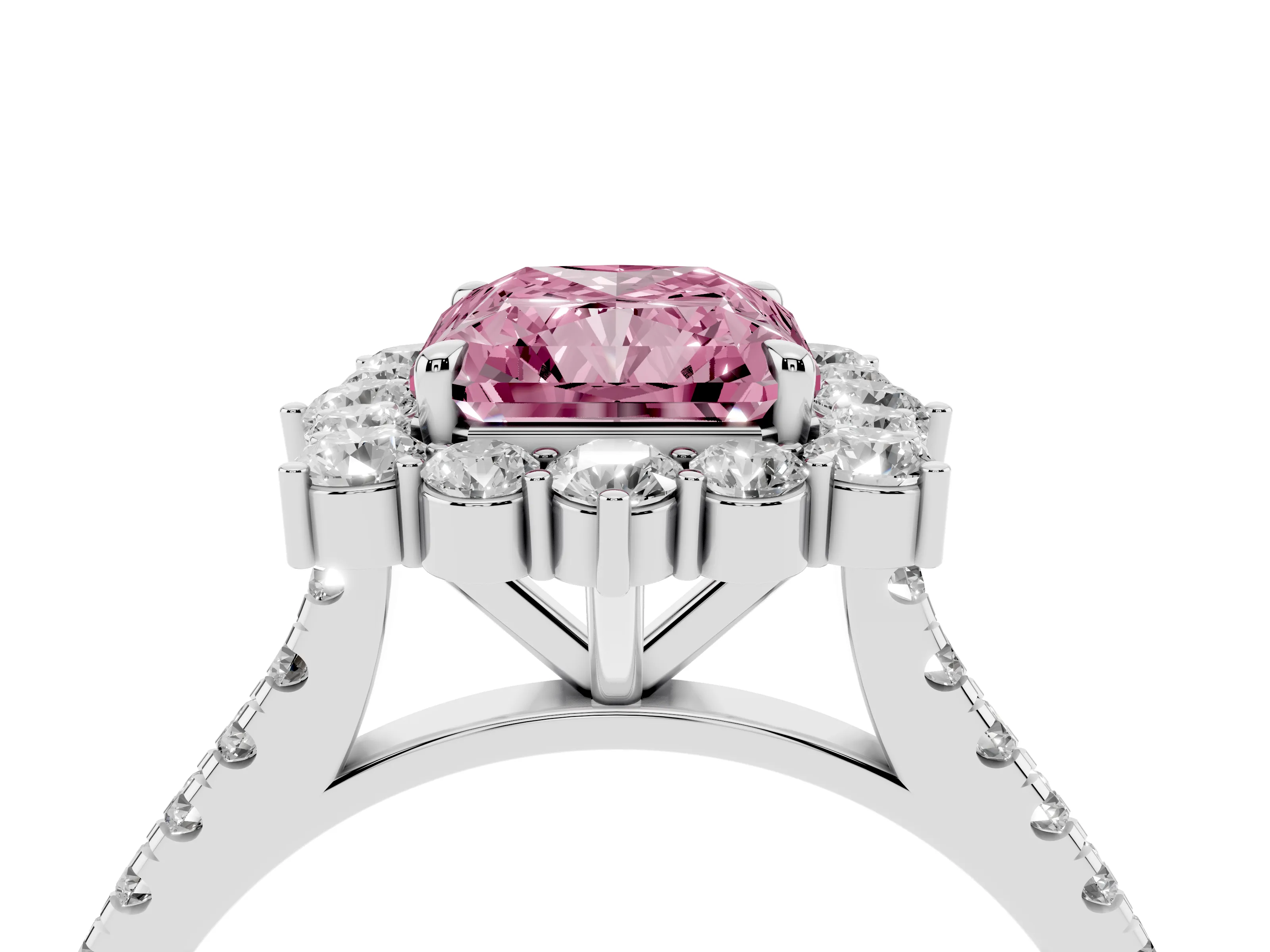 Fancy Pink Radiant Cut Diamond Halo Ring Set in White gold with Pavé Band and Prong Setting