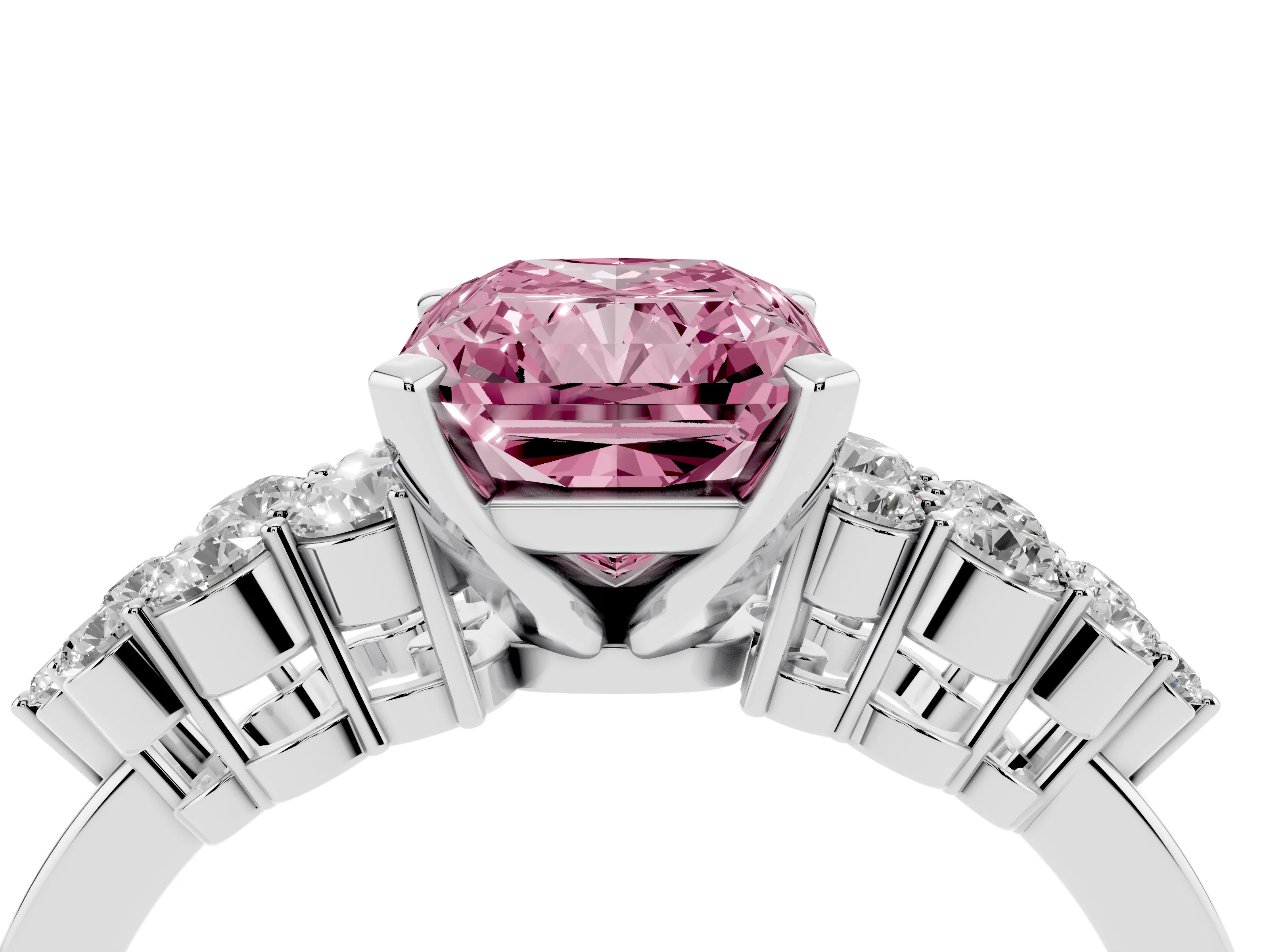 Fancy Pink Radiant Cut Diamond Cluster Engagement Ring Set in White gold with Pavé Band and Prong Setting