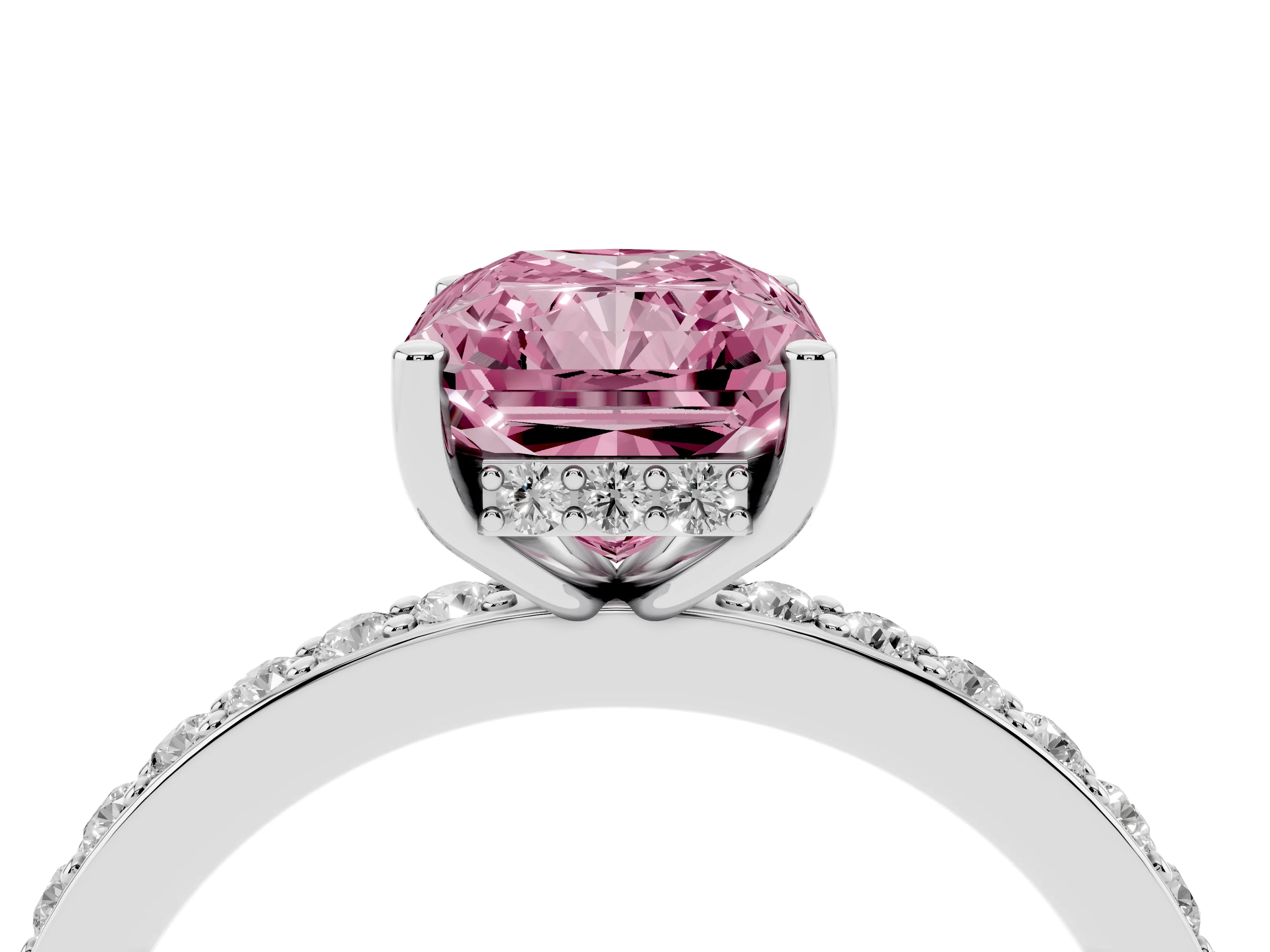 Fancy Pink Radiant Cut Diamond Pavé Band Ring Set in Platinum with Prong-Set Center Stone