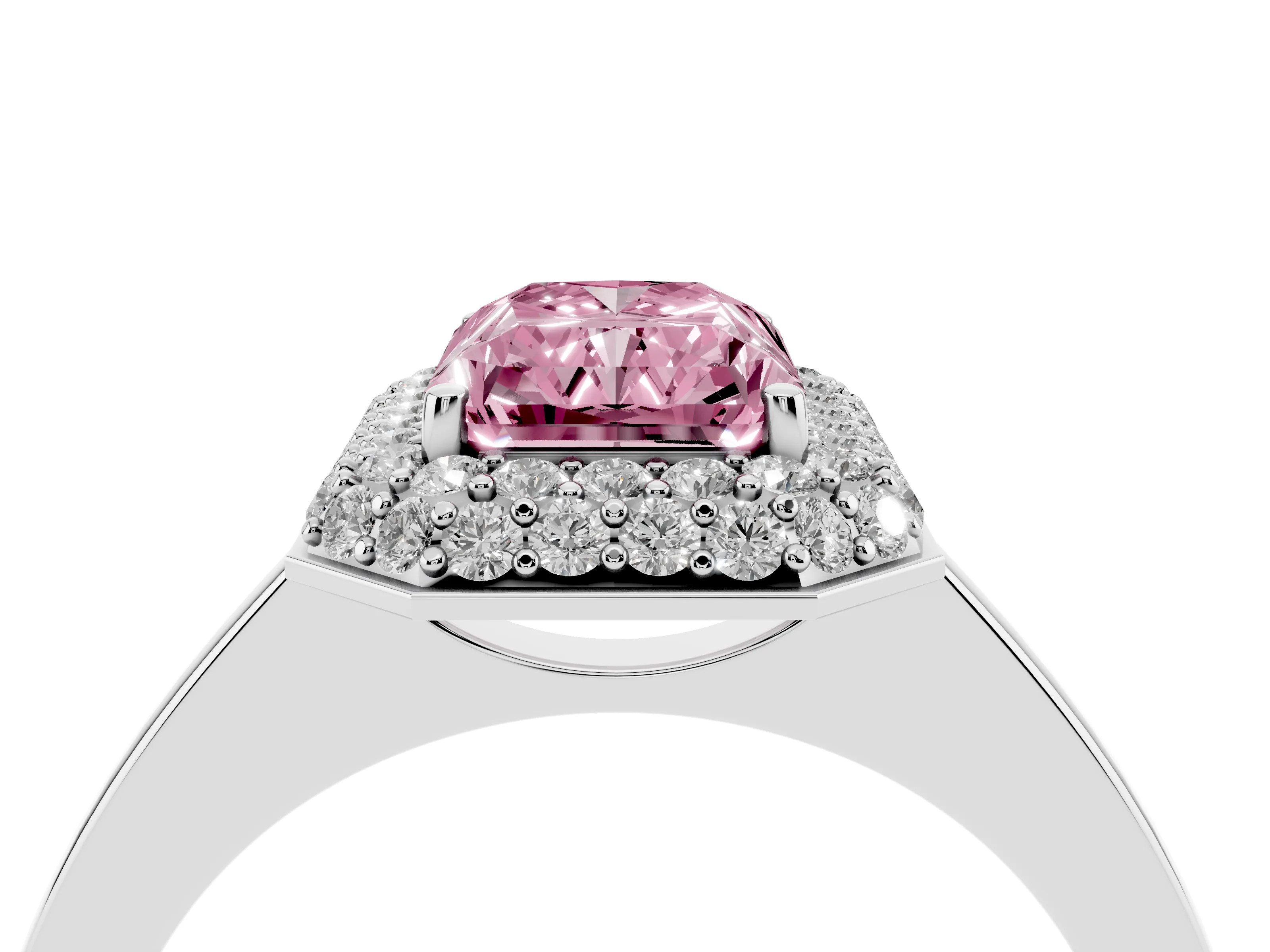 Fancy Pink Radiant Cut Diamond Halo Engagement Ring Set in Platinum with Solitaire Band and Prong Setting