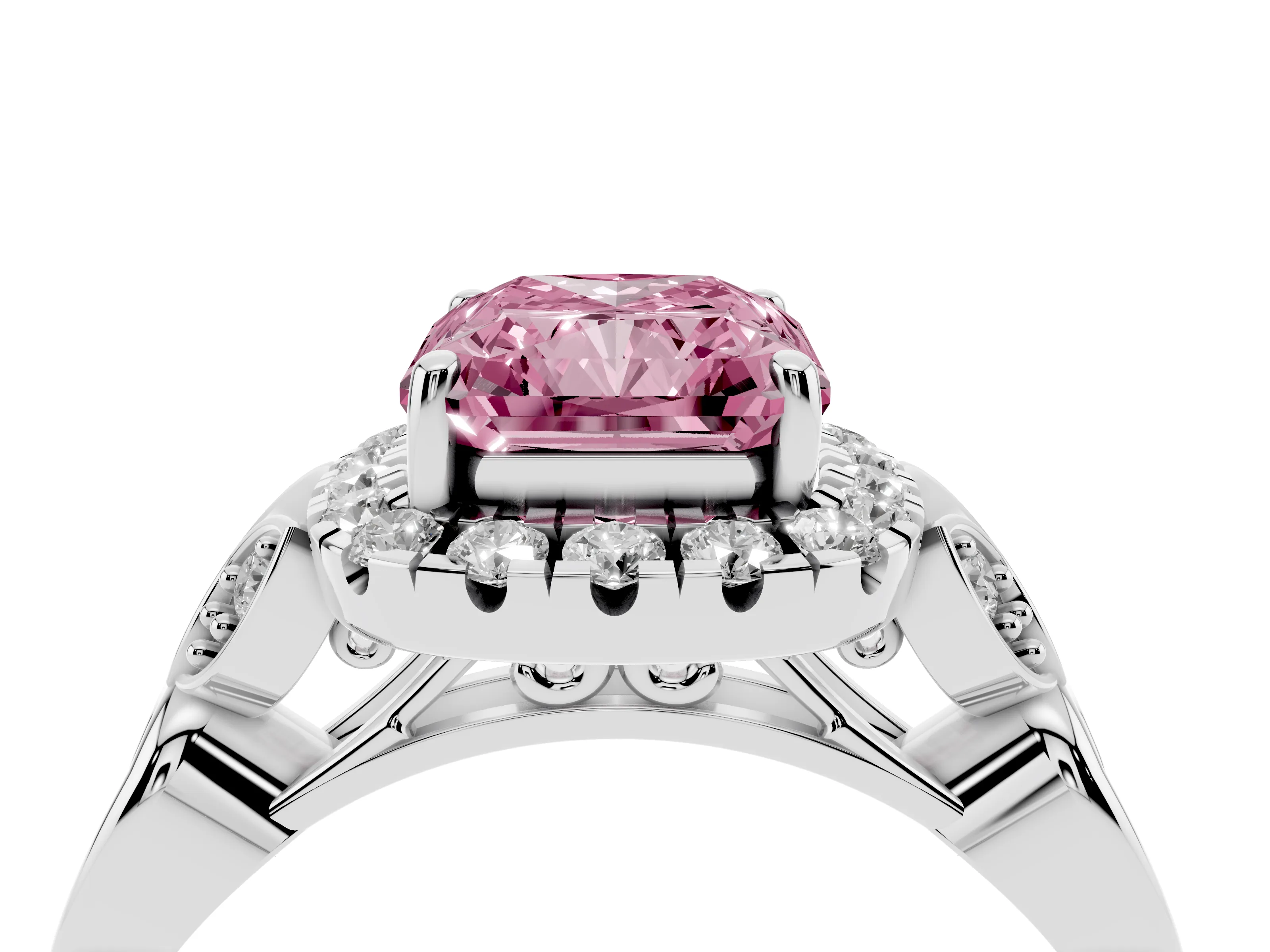 Fancy Pink Radiant Cut Diamond Halo Engagement Ring Set in White gold with Vintage-Inspired Band and Prong Setting