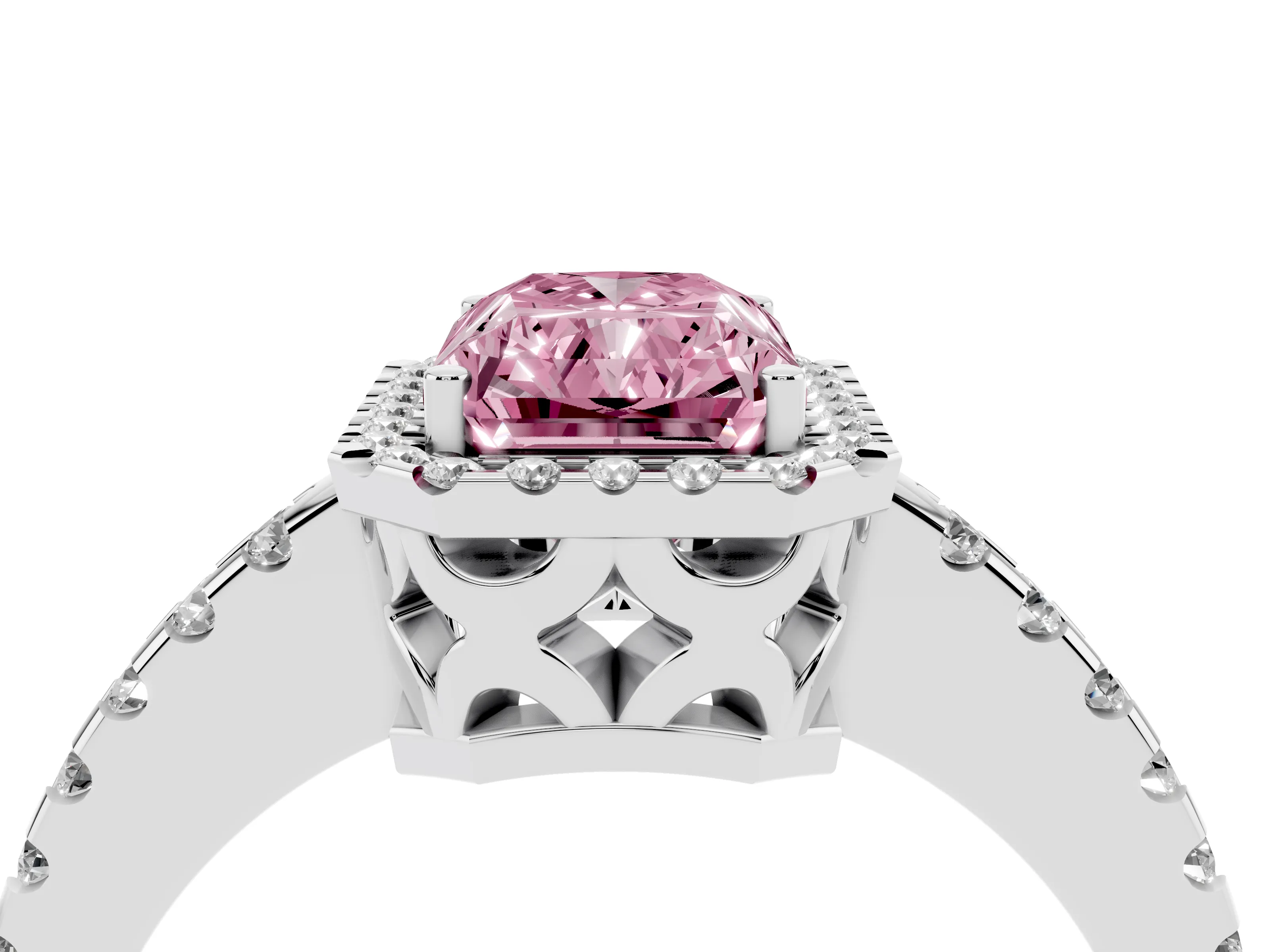 Fancy Pink Radiant Cut Diamond Halo Ring Set in Platinum with Pavé Shoulders and Halo-Framed Center