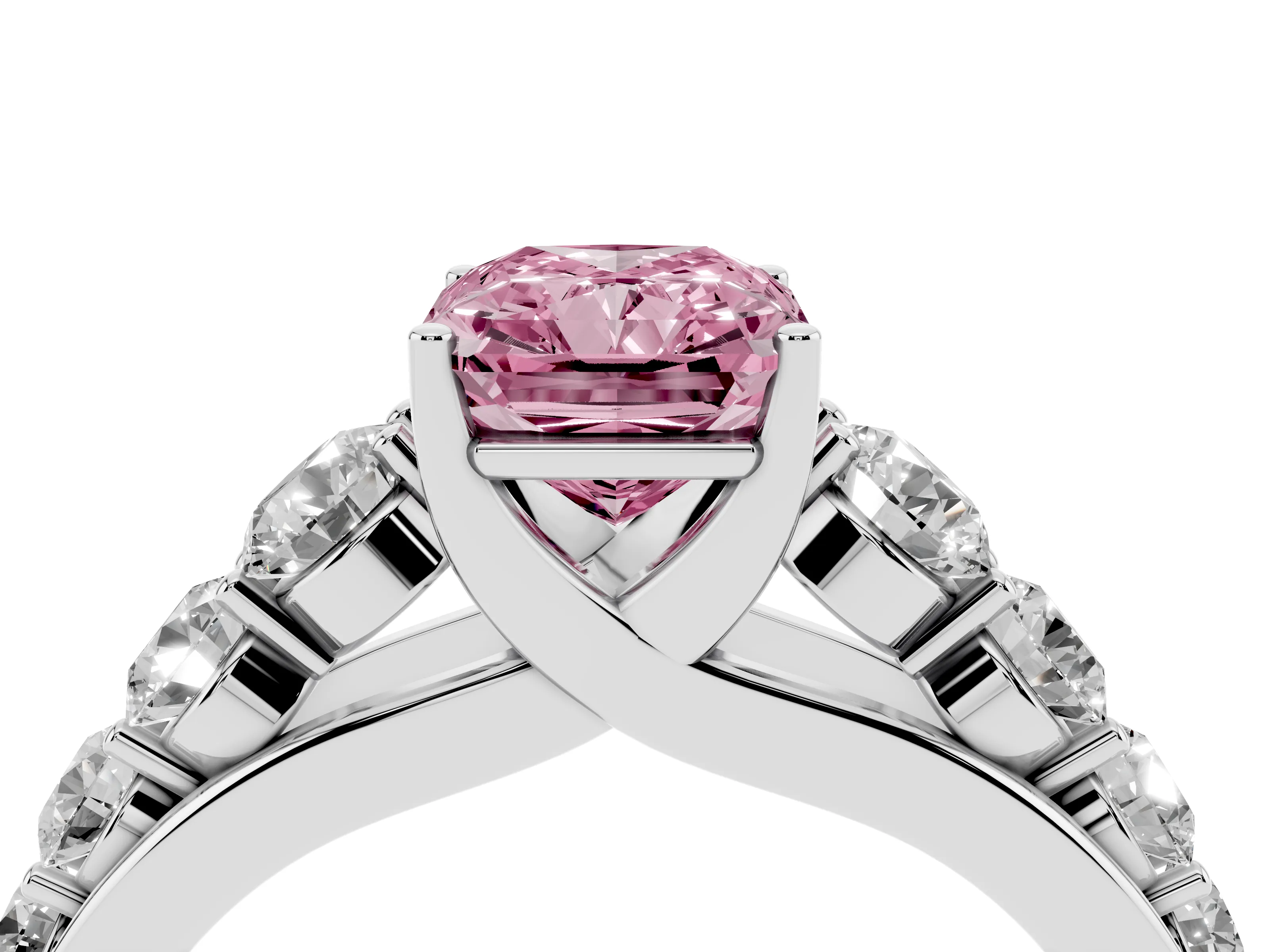 Fancy Pink Radiant Cut Diamond Solitaire Ring Set in White gold with Pavé-Set Band and Prong Setting