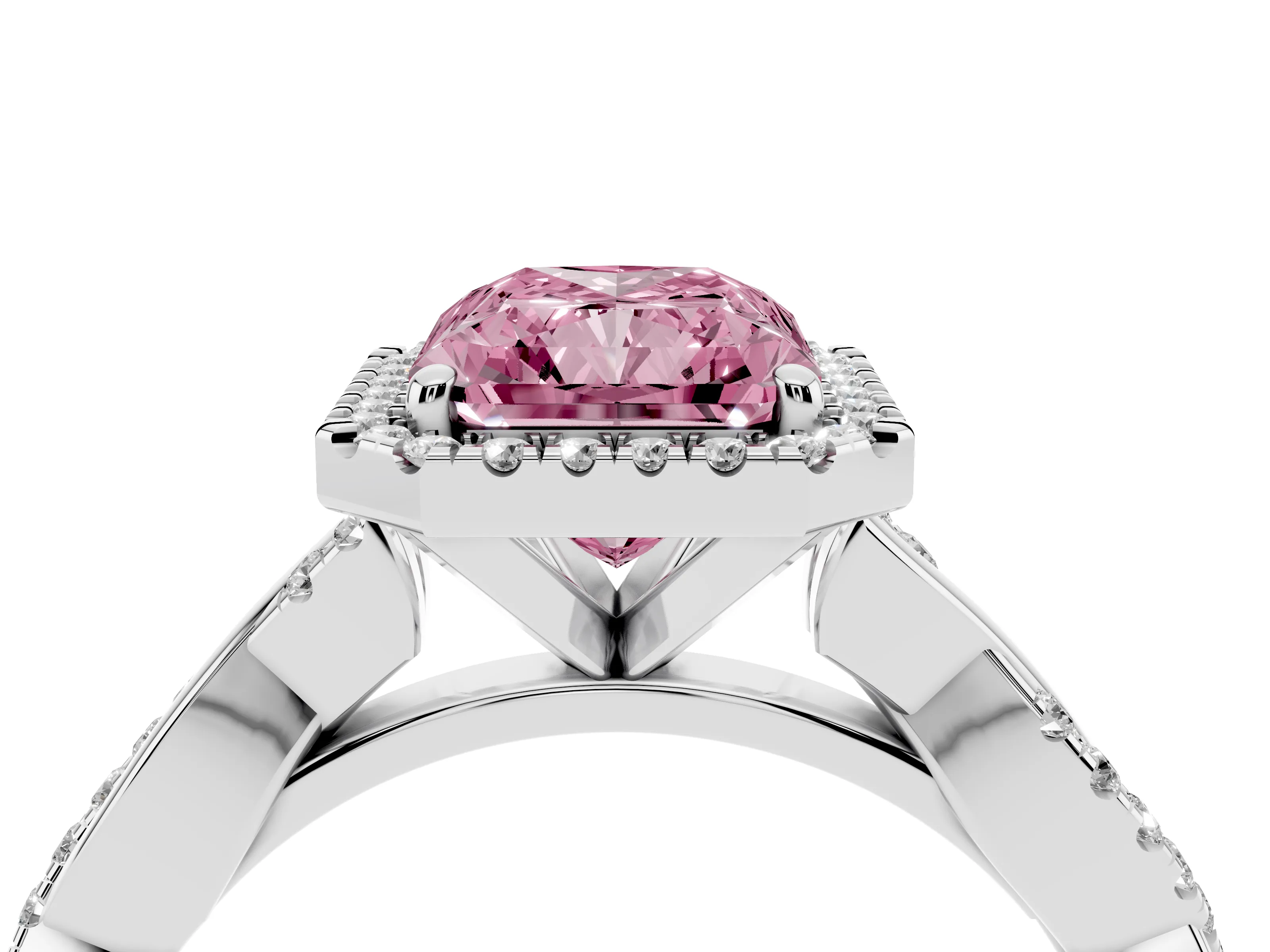 Fancy Pink Radiant Cut Diamond Halo Twisted Band Ring Set in Platinum with Prong Setting