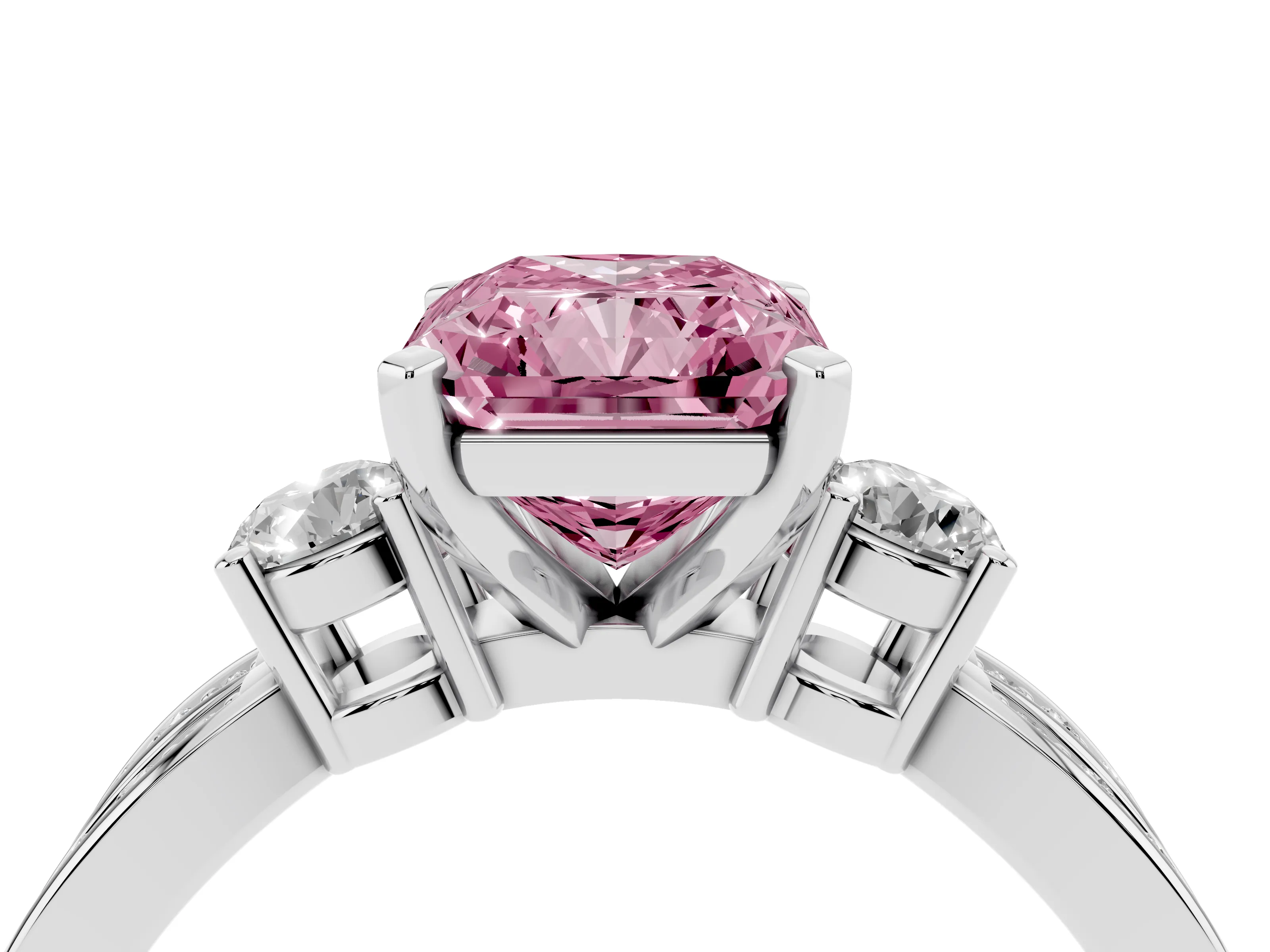 Fancy Pink Three-Stone Radiant Cut Diamond Twist Band Ring Set in Silver with Pavé Accents and Prong Setting