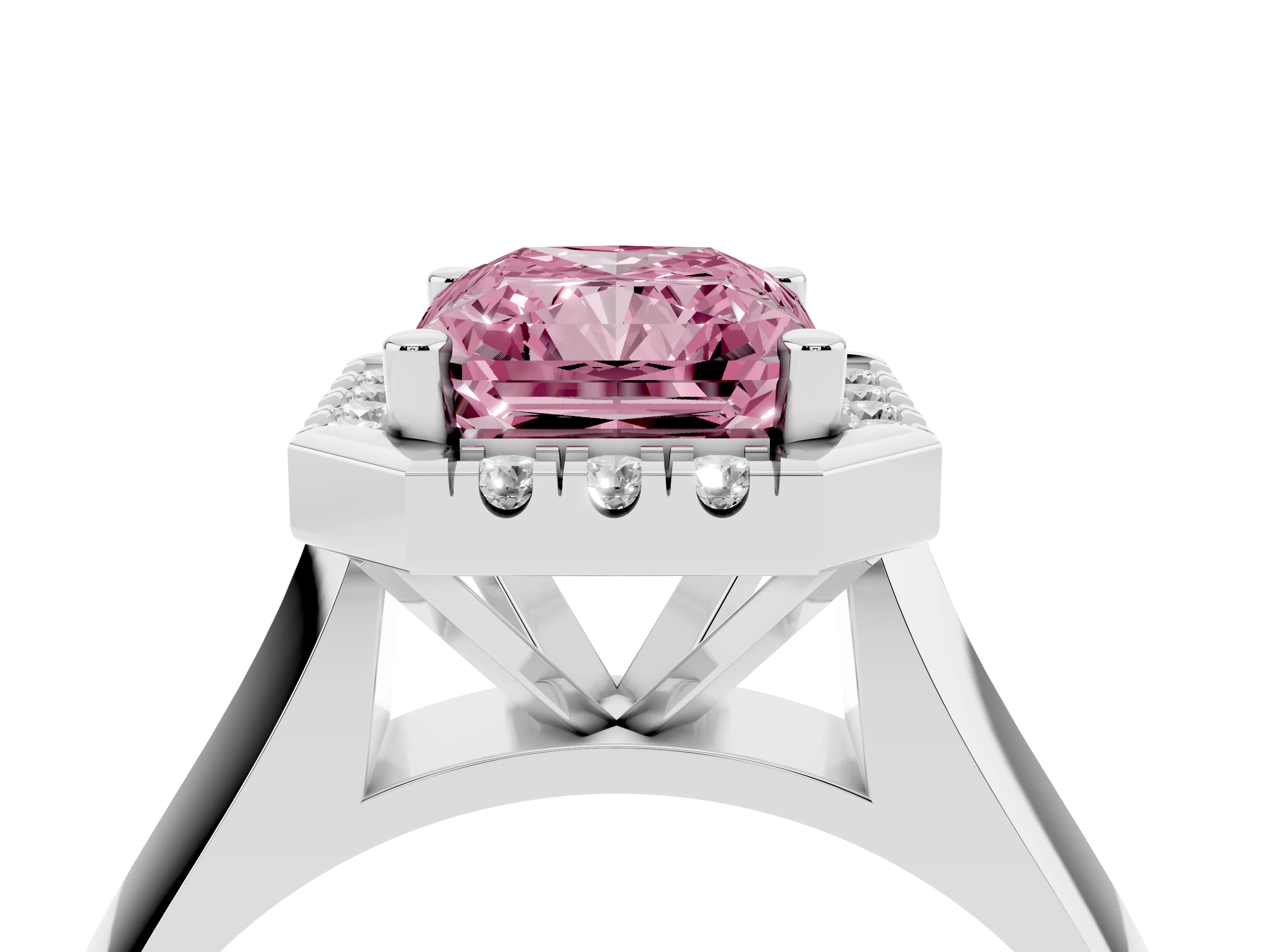 Fancy Pink Radiant Cut Diamond Halo Solitaire Engagement Ring Set in White gold with Square Band and Prong Setting