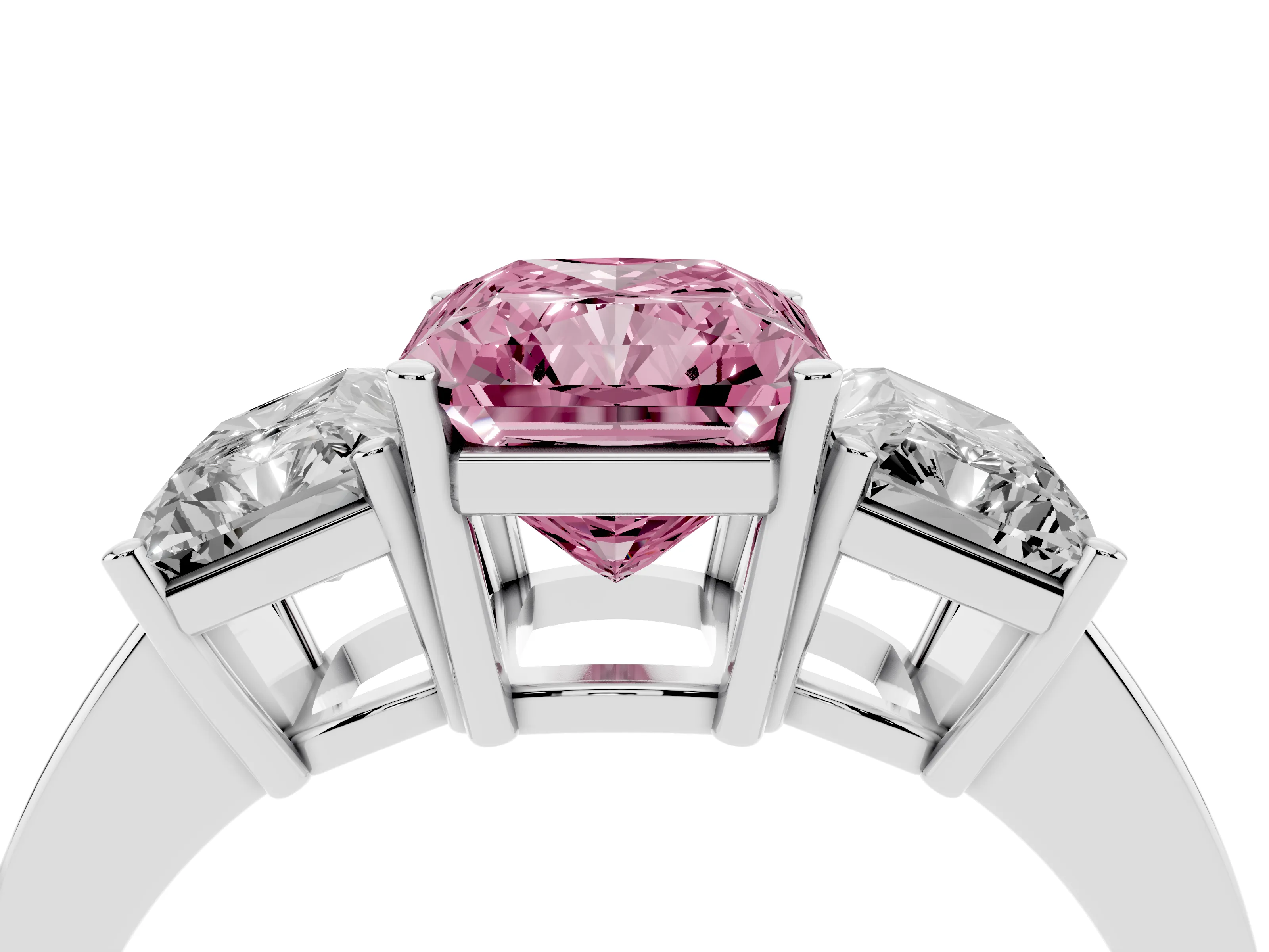 Fancy Pink Radiant Cut Diamond Three-Stone Engagement Ring Set in Platinum with Flat Band