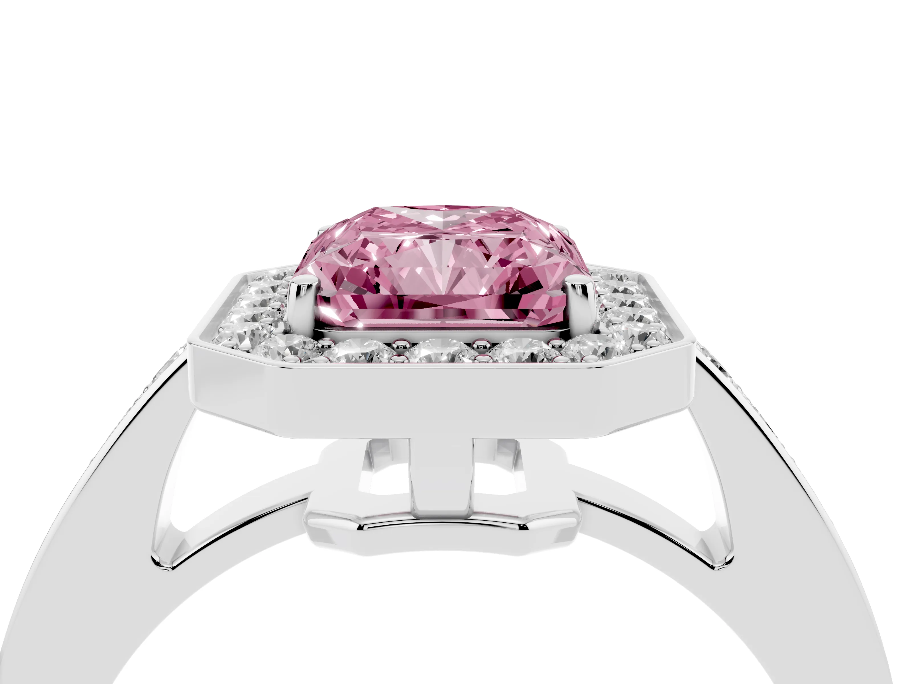 Fancy Pink Radiant Cut Diamond Halo Pavé Engagement Ring Set in Platinum with Bezel Setting