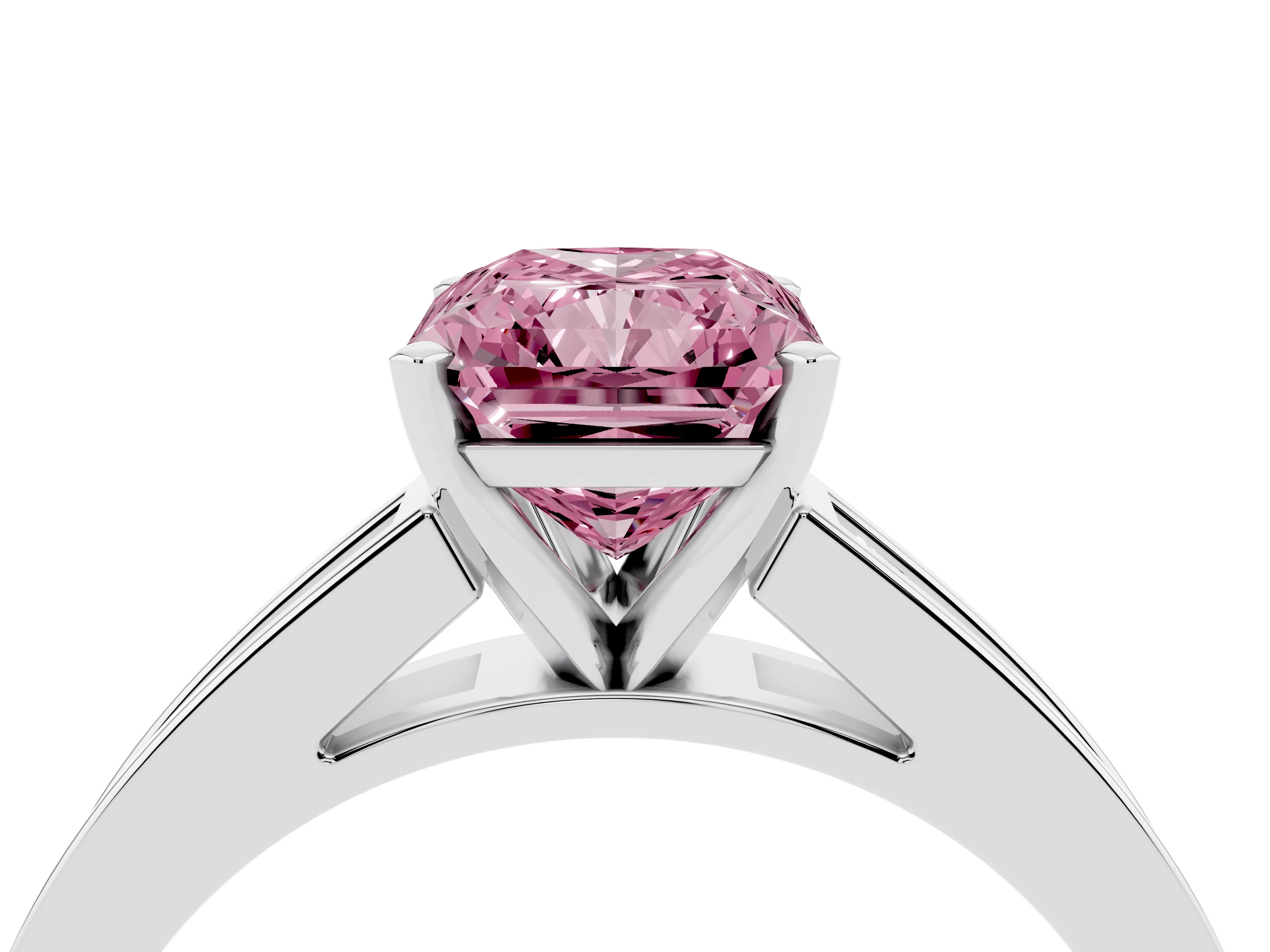 Fancy Pink Radiant Cut Diamond Solitaire Ring Set in White gold with Channel-Set Band and Prong Setting