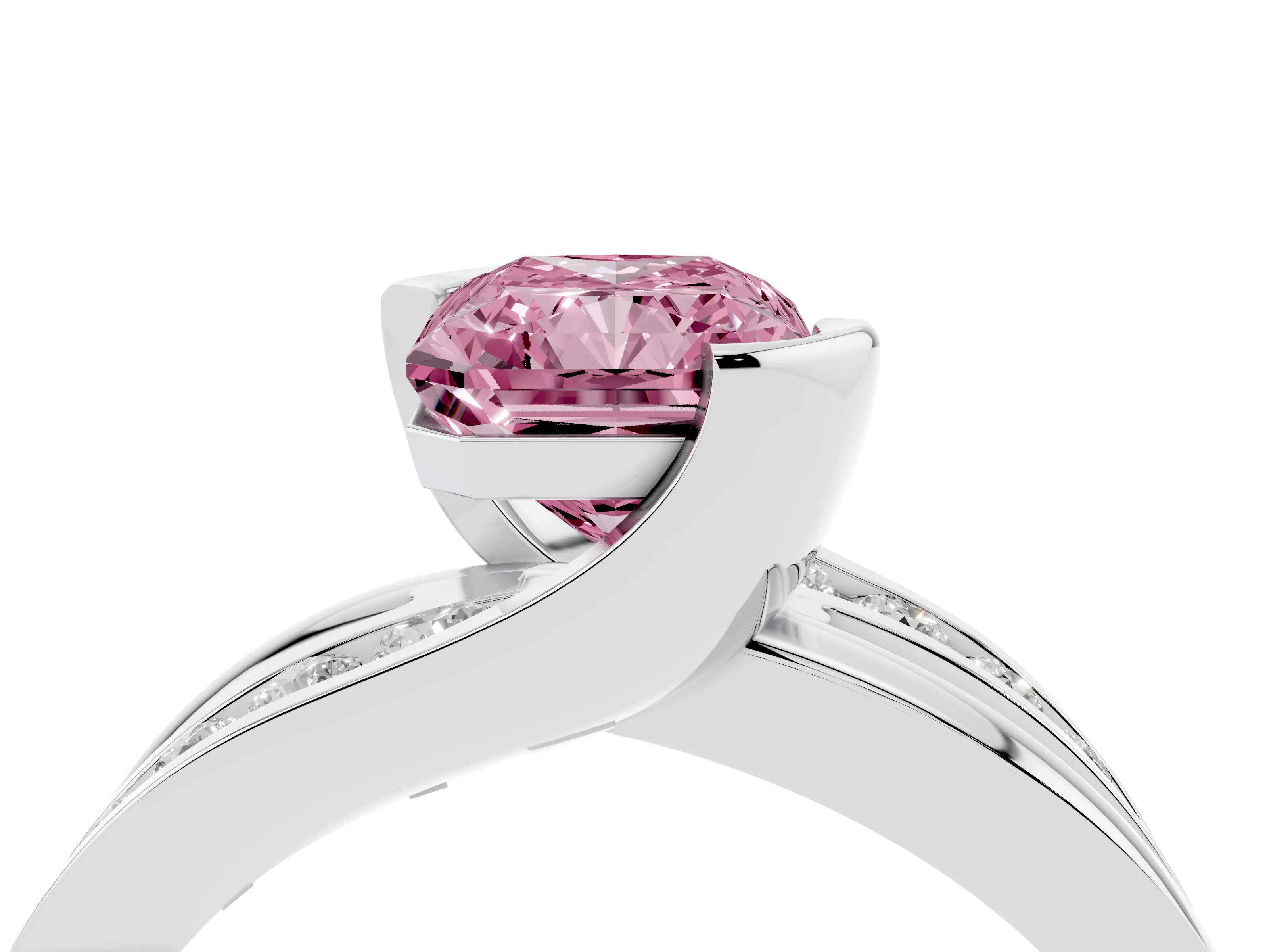Fancy Pink Radiant Cut Diamond Solitaire Ring Set in Platinum with Channel Set Split Shank and Tension Prongs