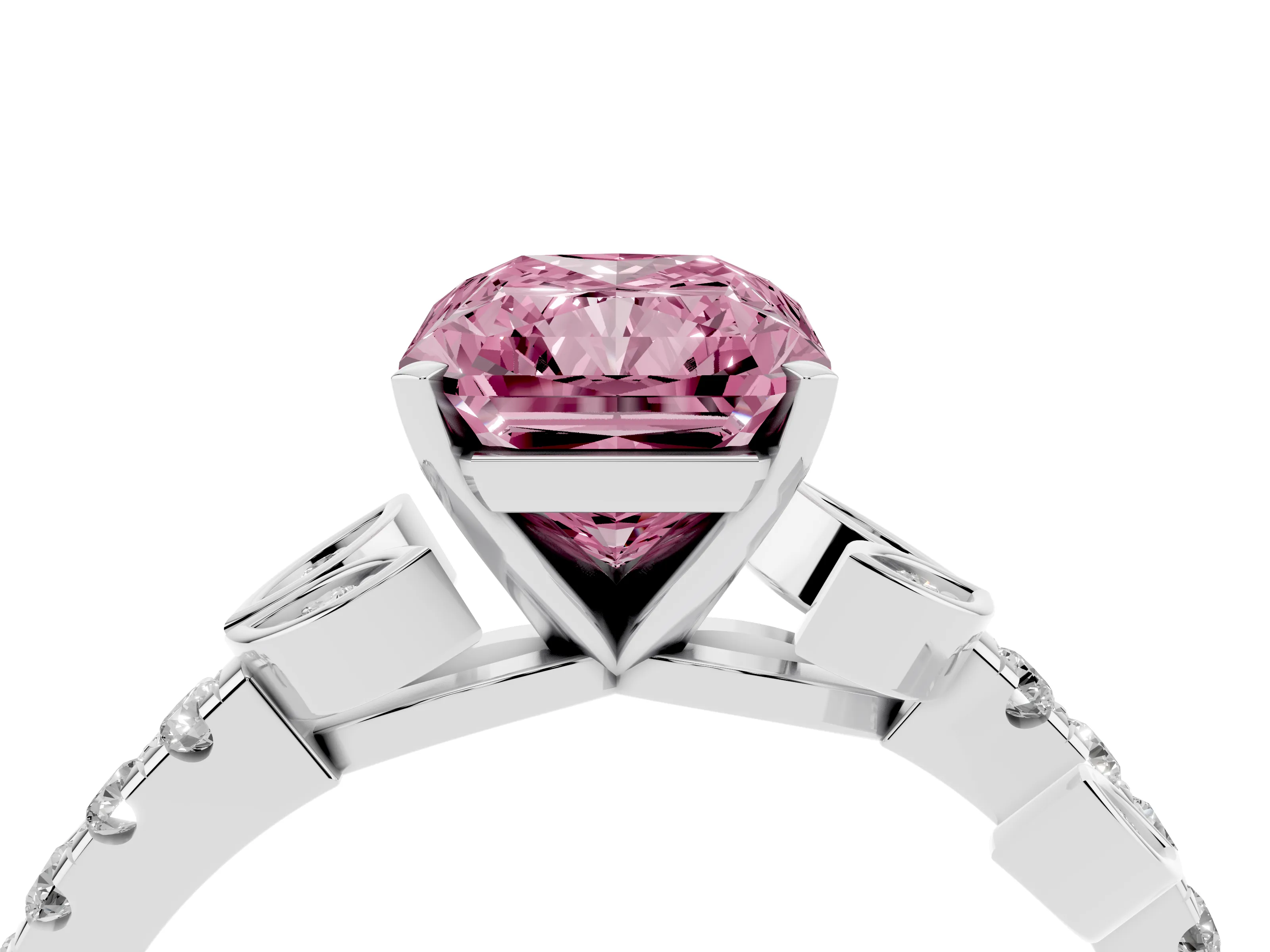 Fancy Pink Radiant Cut Diamond Solitaire Leaf-Inspired Ring Set in Platinum with Pavé Band and Prong Setting