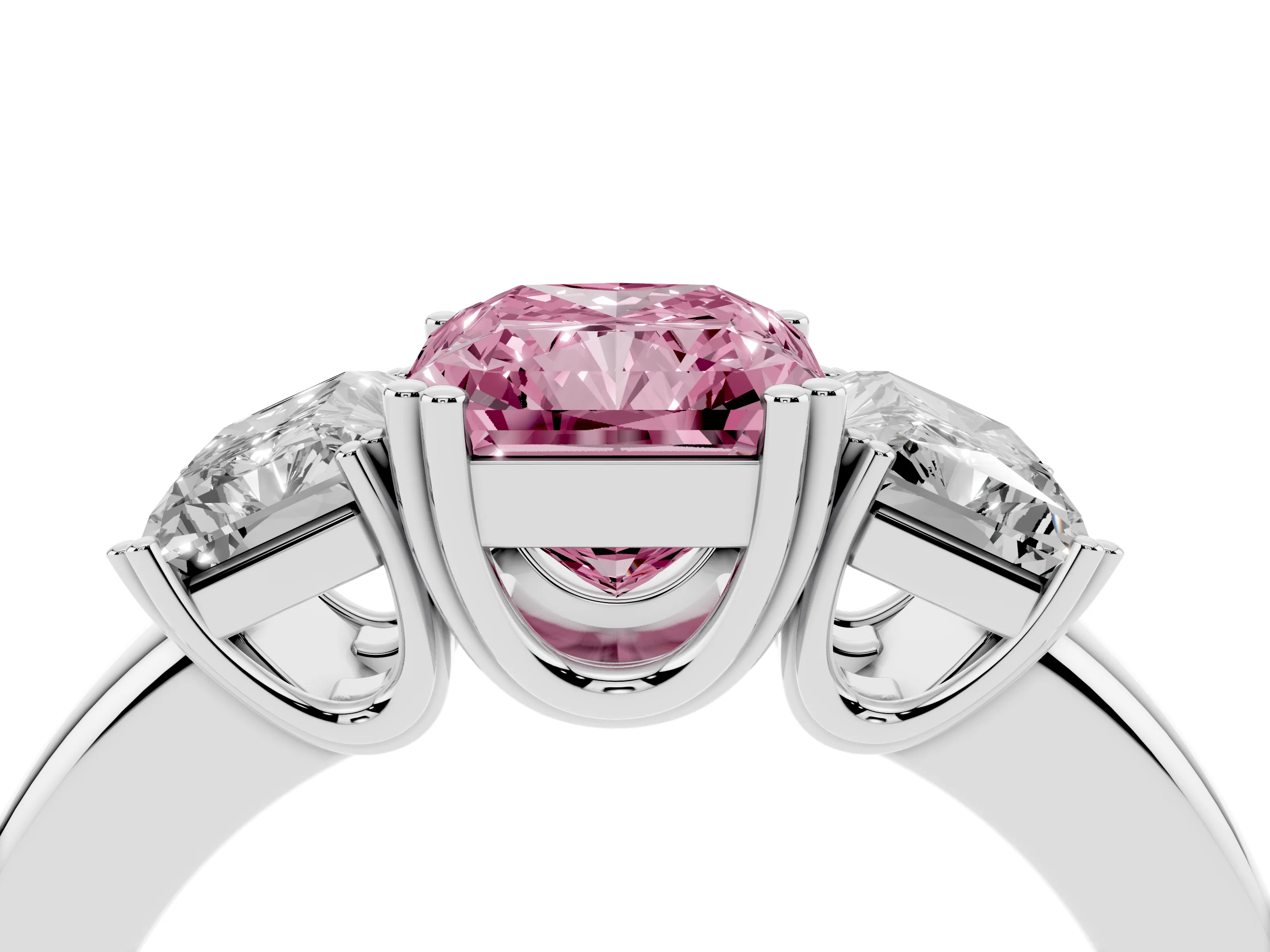 Fancy Pink Radiant Cut Diamond Three-Stone Ring Set in White gold with Polished Channel-Set Band