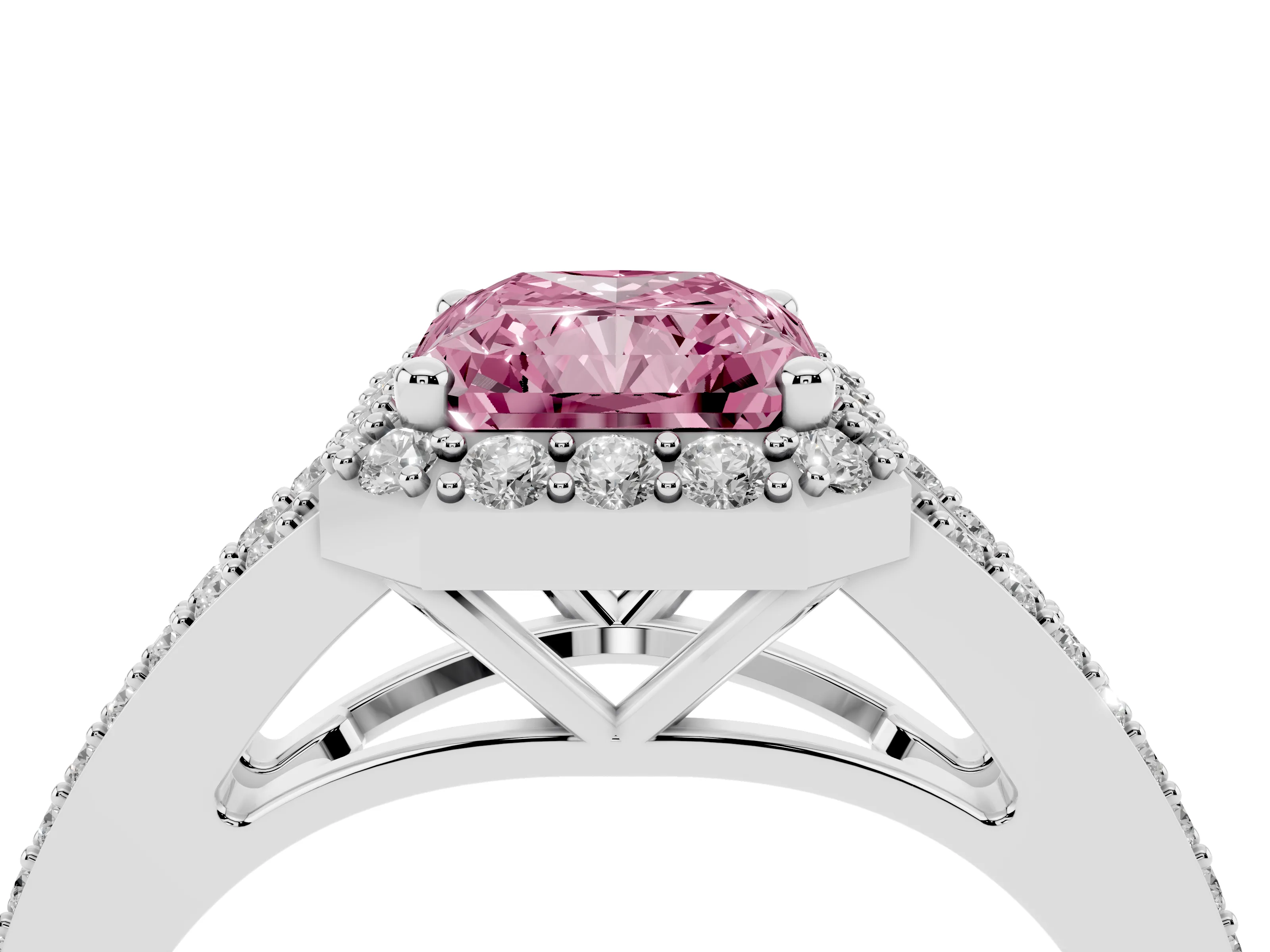 Fancy Pink Radiant Cut Diamond Halo Split Shank Pavé Ring Set in Silver with Prong Setting