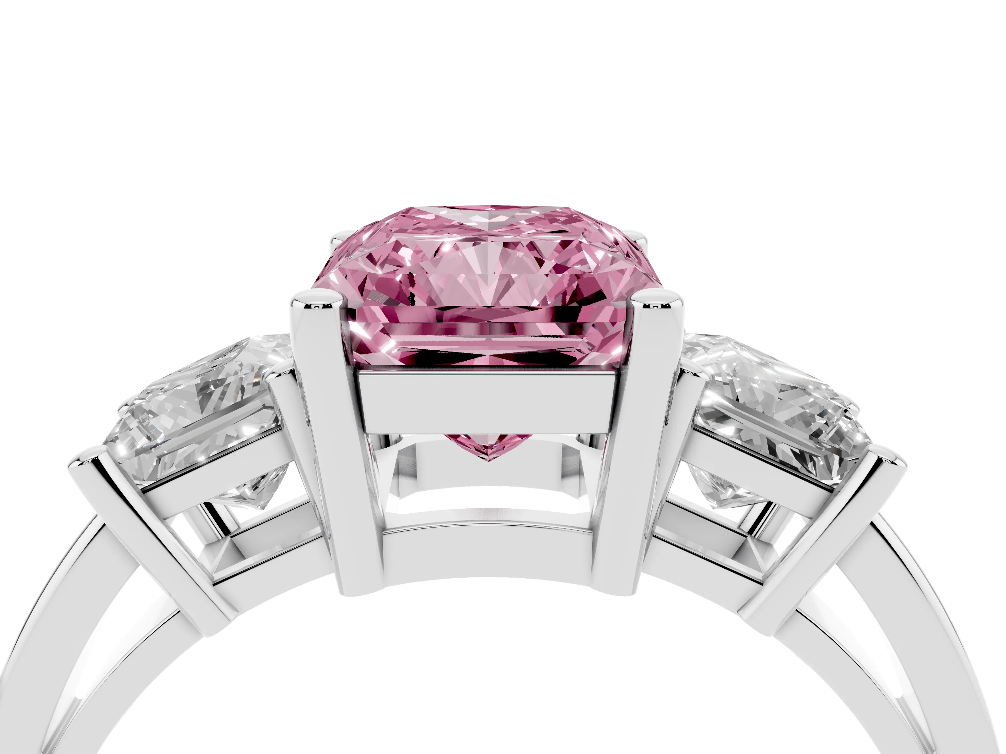 Fancy Pink Three-Stone Radiant Cut Diamond Solitaire Ring Set in Platinum with Prong Setting