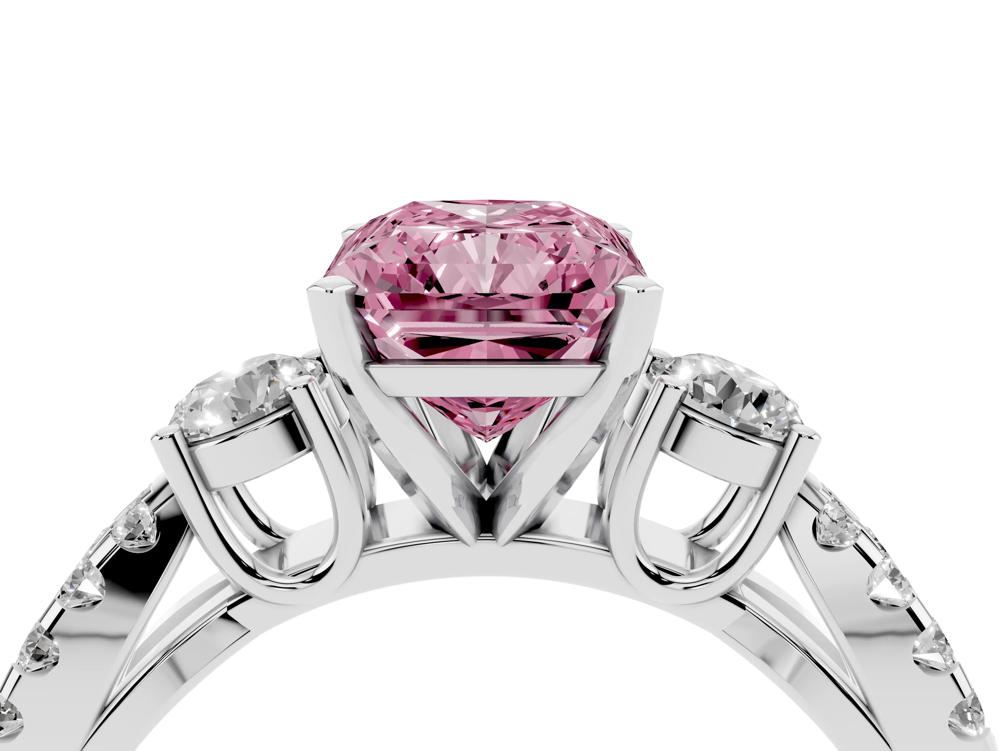 Fancy Pink Radiant Cut Diamond Three-Stone Ring Set in Platinum with Pavé Split Shank and Prong Setting