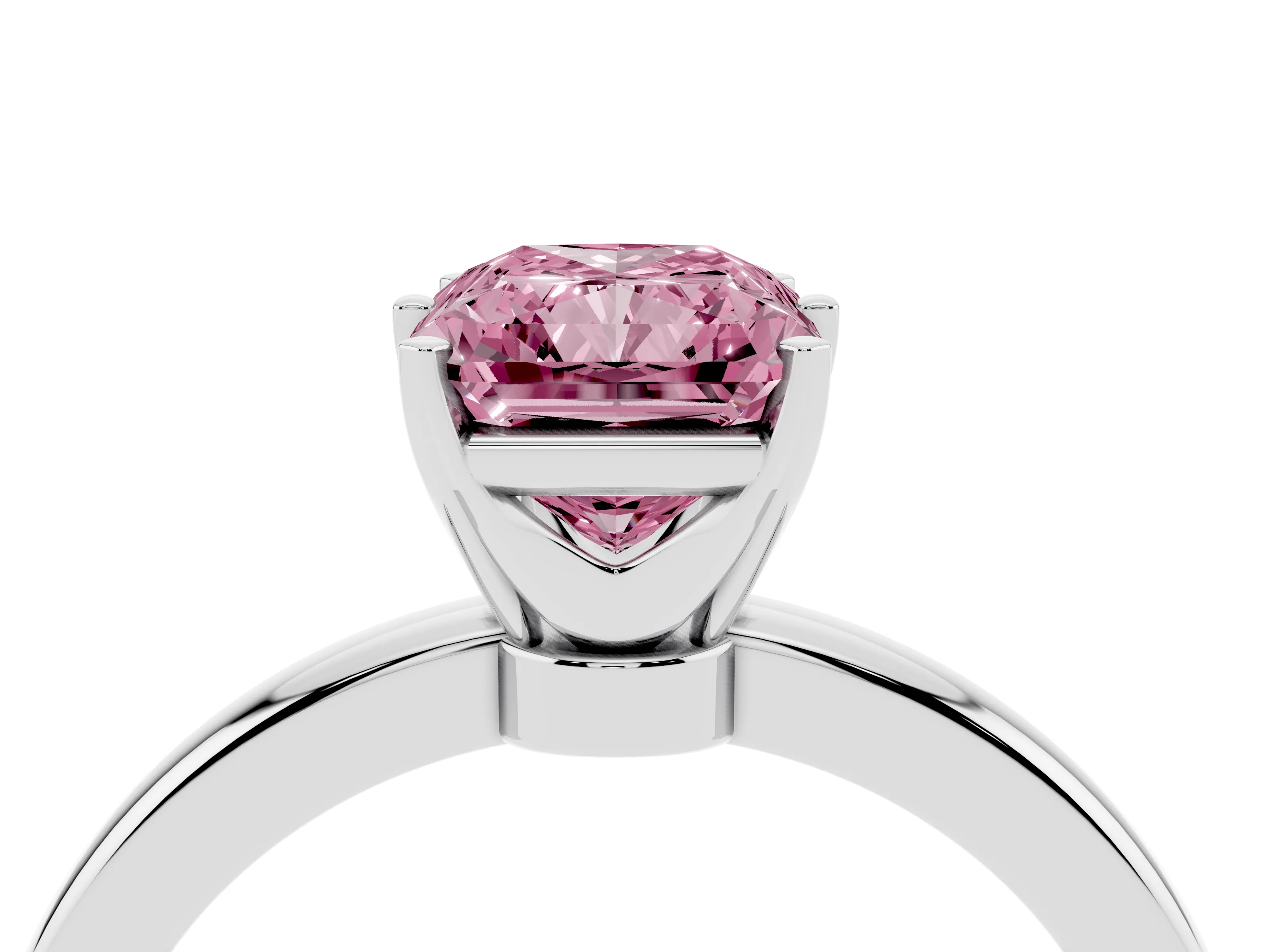 Fancy Pink Radiant Cut Diamond Solitaire Ring Set in Silver with Raised Prong Setting on a Classic Band