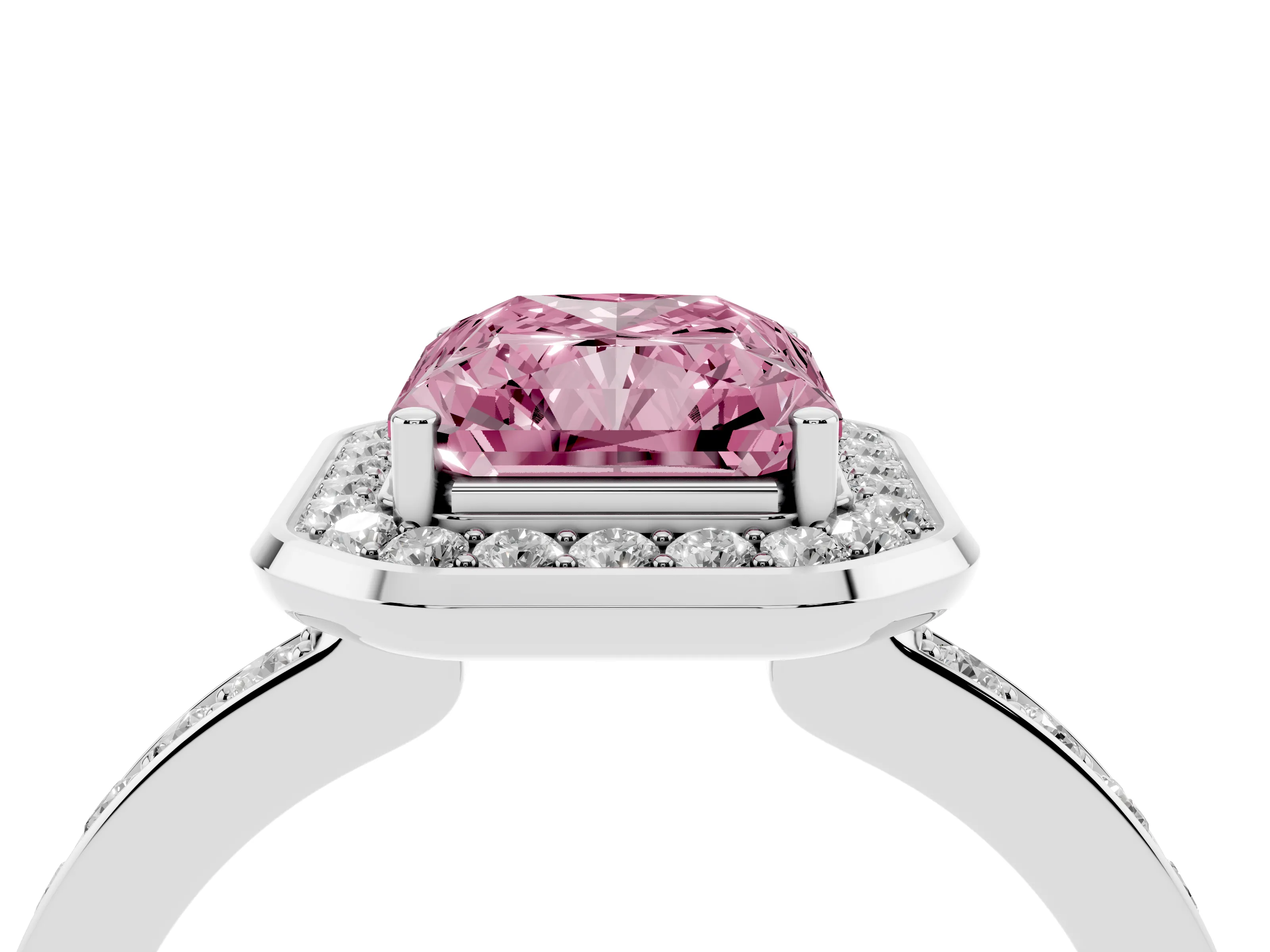 Fancy Pink Radiant Cut Diamond Halo Ring Set in Silver with Bezel Frame and Pavé Band