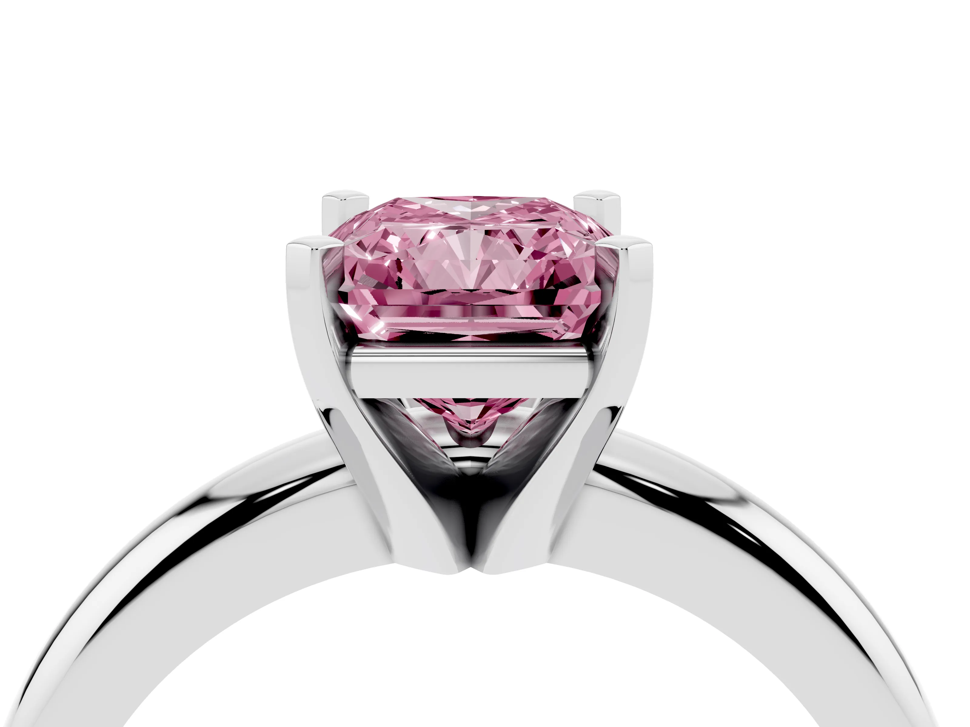 Fancy Pink Radiant Cut Diamond Solitaire Engagement Ring Set in Silver with Round Band and Prong Setting