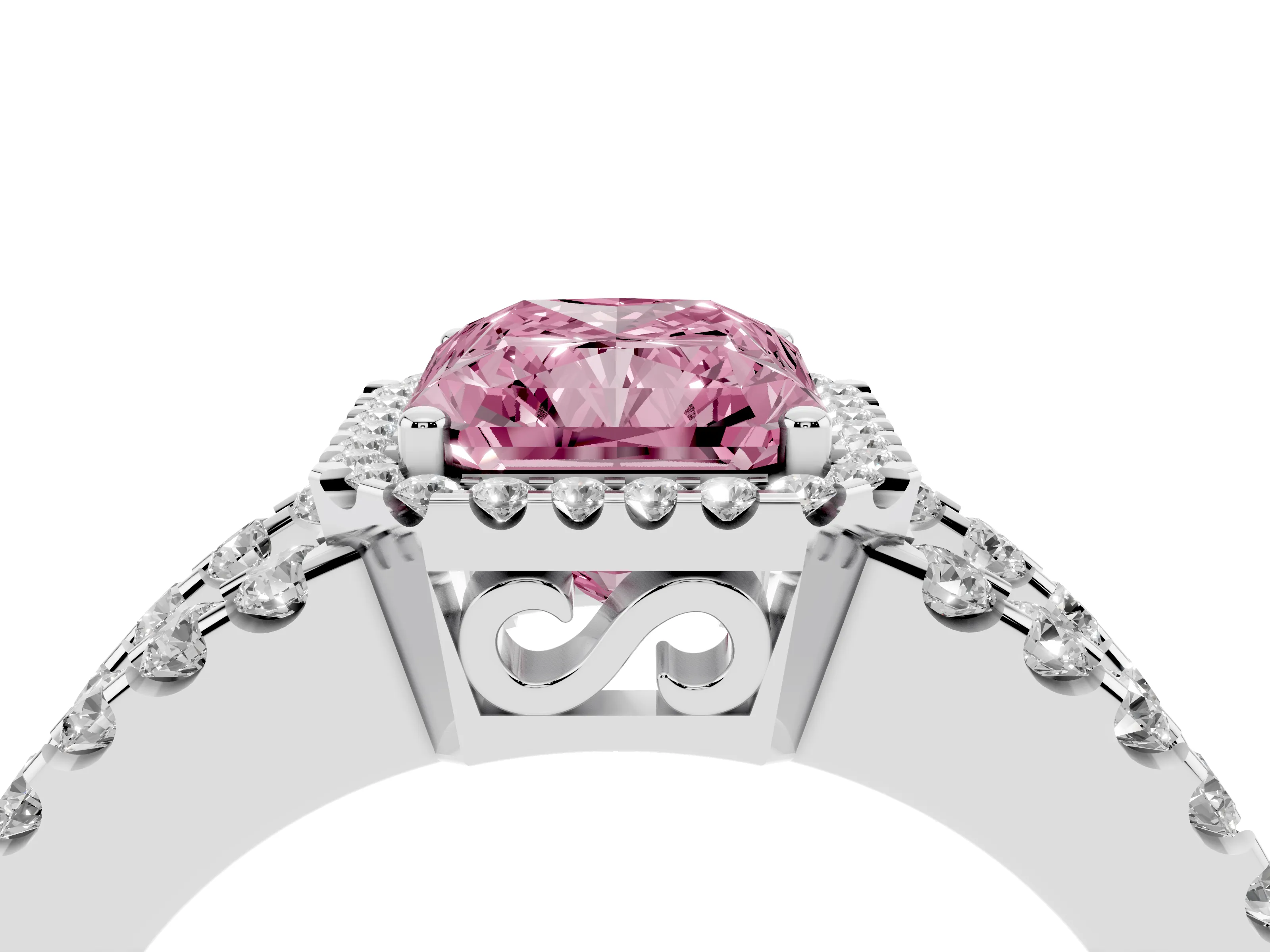 Fancy Pink Radiant Cut Diamond Halo Ring Set in Silver with Pavé Split Shank and Prong Setting