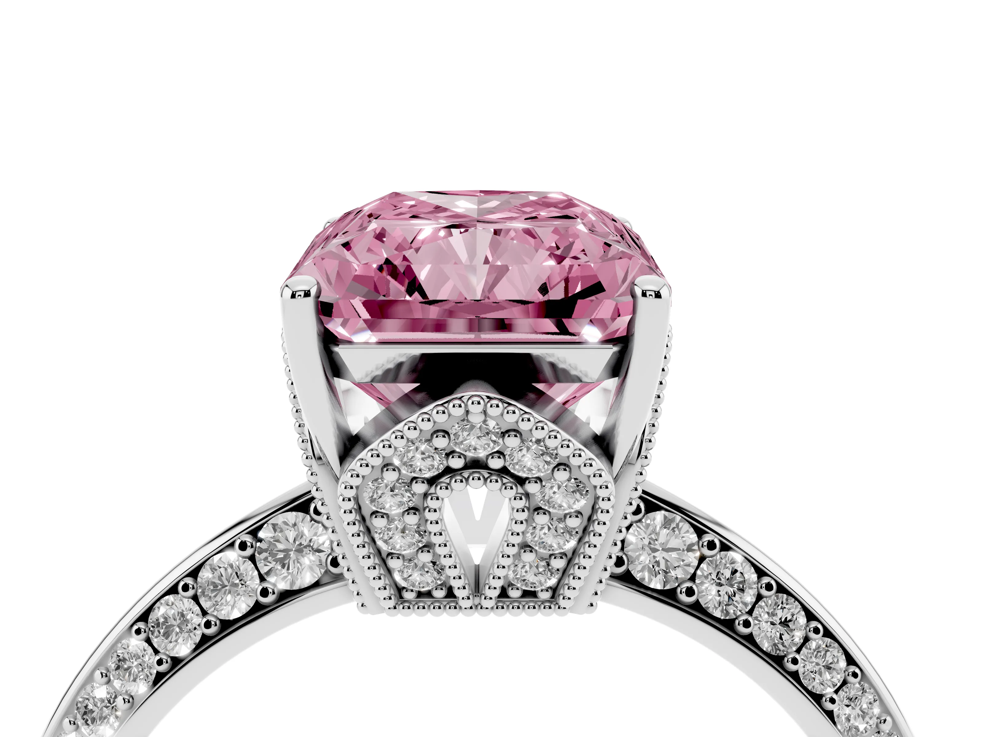 Fancy Pink Radiant Cut Diamond Solitaire Engagement Ring Set in Silver with Pavé Split Shank and Prong Setting