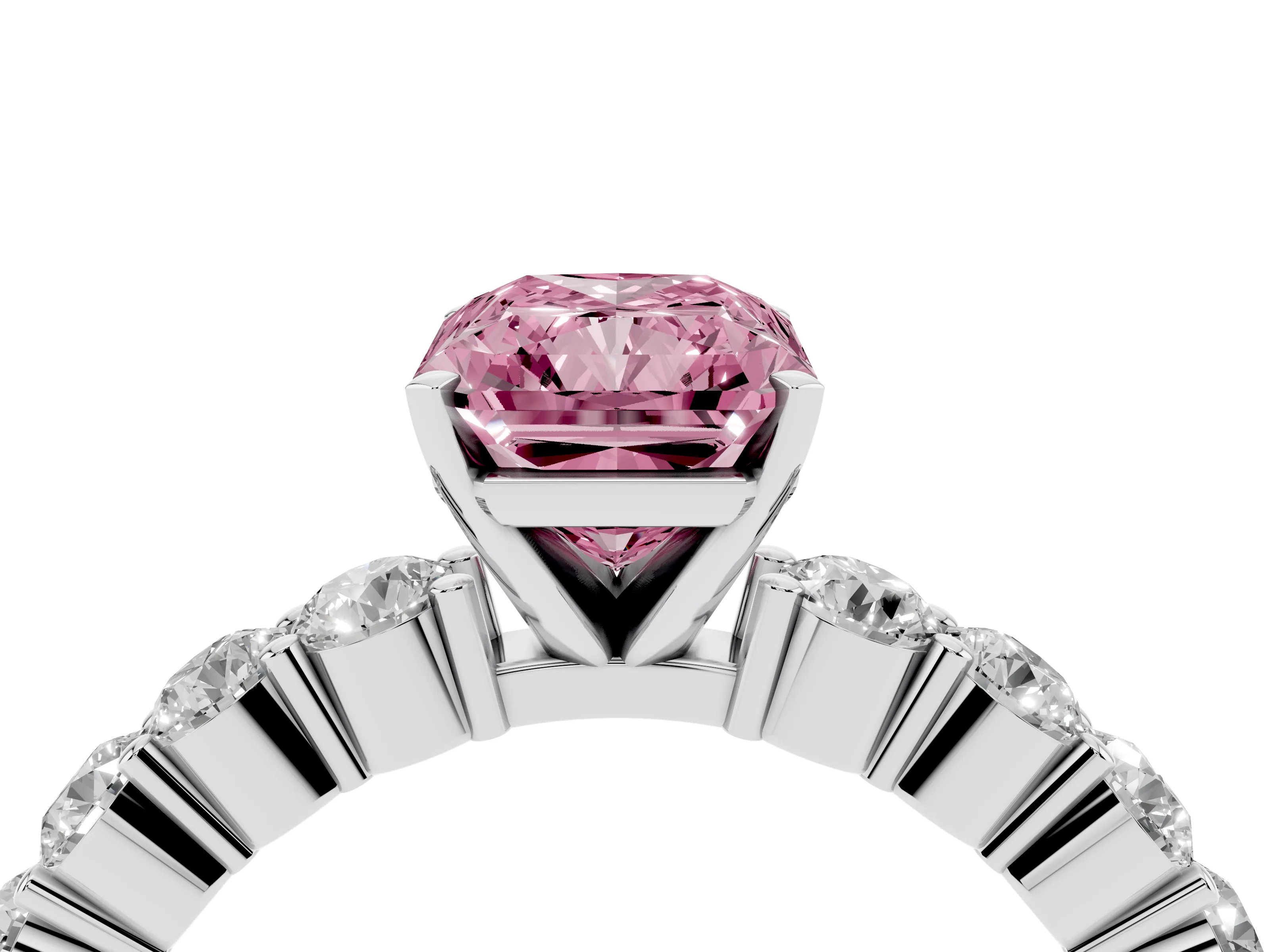 Fancy Pink Radiant Cut Diamond Solitaire Ring Set in Silver with Shared Prong Round Side Stones