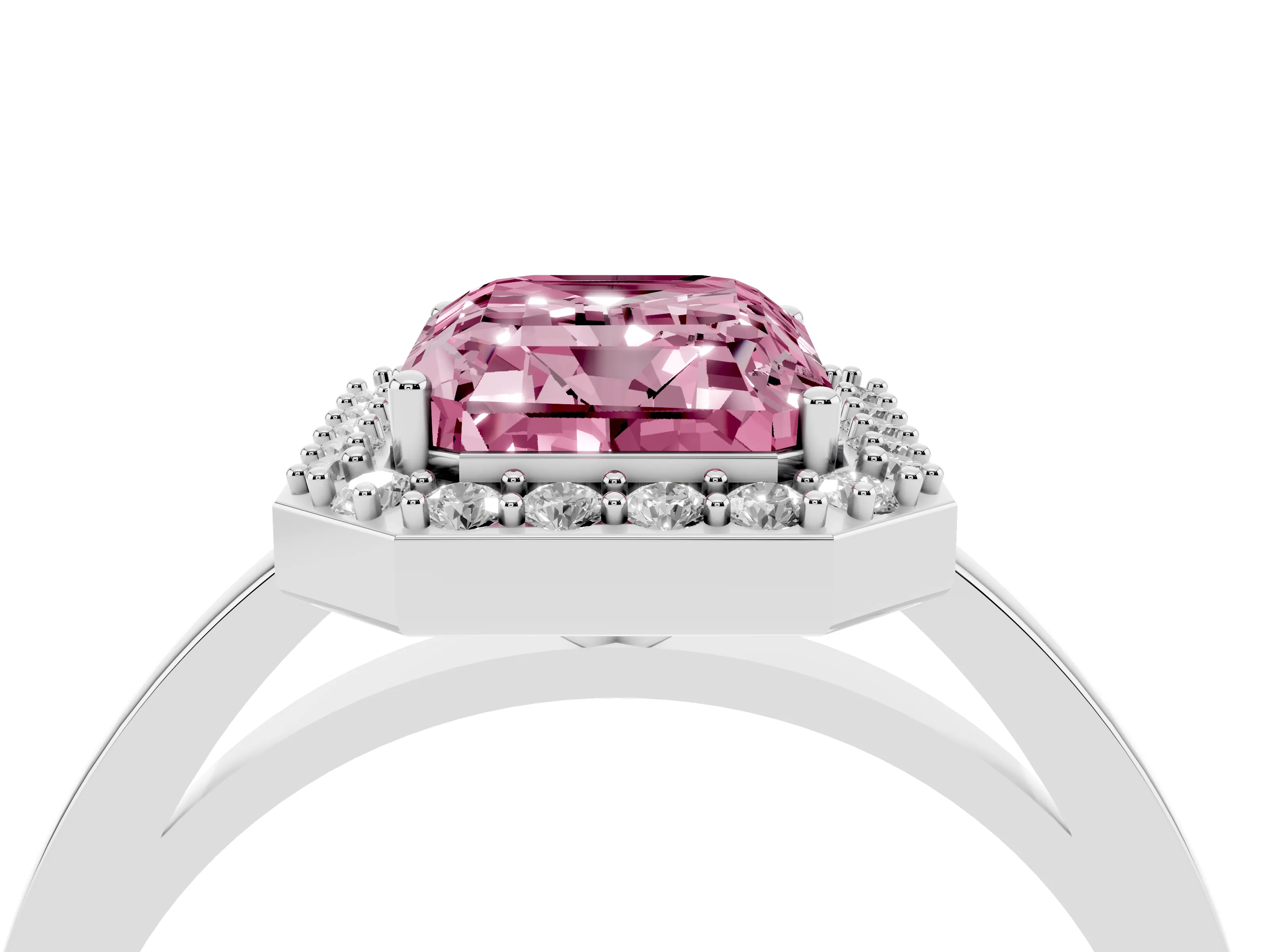 Fancy Pink Radiant Cut Diamond Halo Ring Set in Platinum with Solitaire Band and Prong Setting