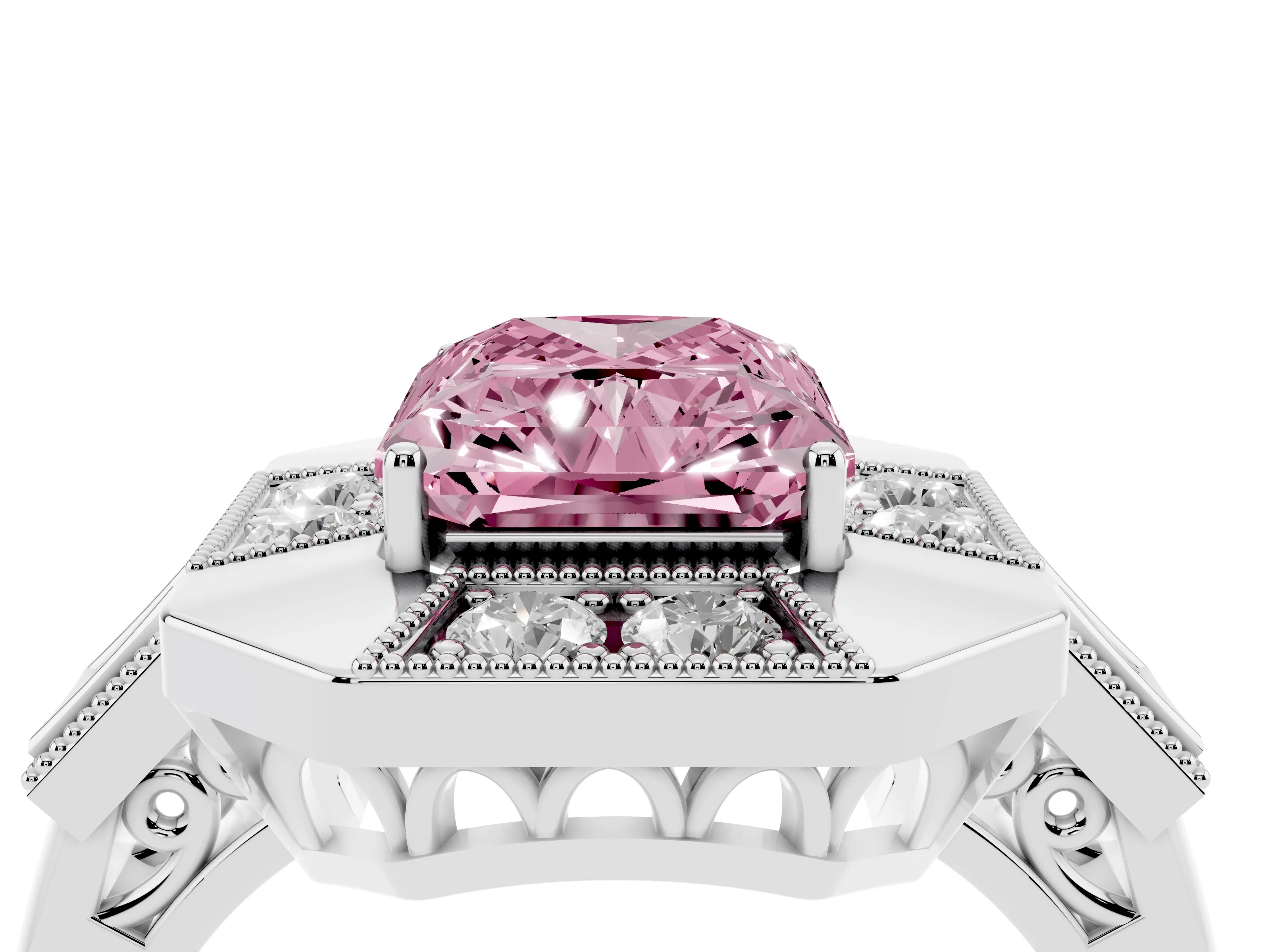 Fancy Pink Radiant Cut Diamond Milgrain Halo Ring Set in Silver with Split Shank