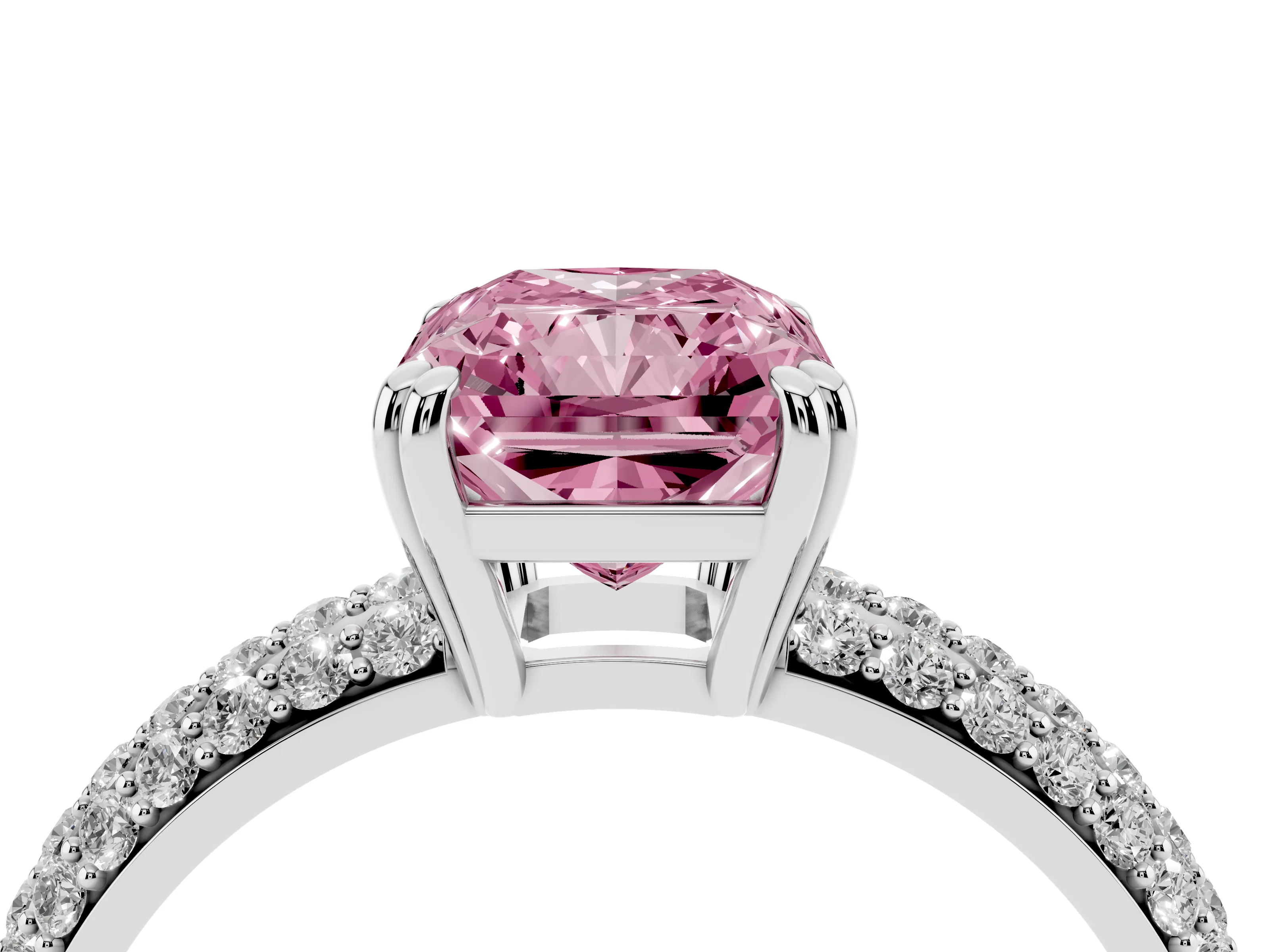 Fancy Pink Radiant Cut Diamond Solitaire Ring Set in Platinum with Multi-Row Round Pavé Band and Prong Setting